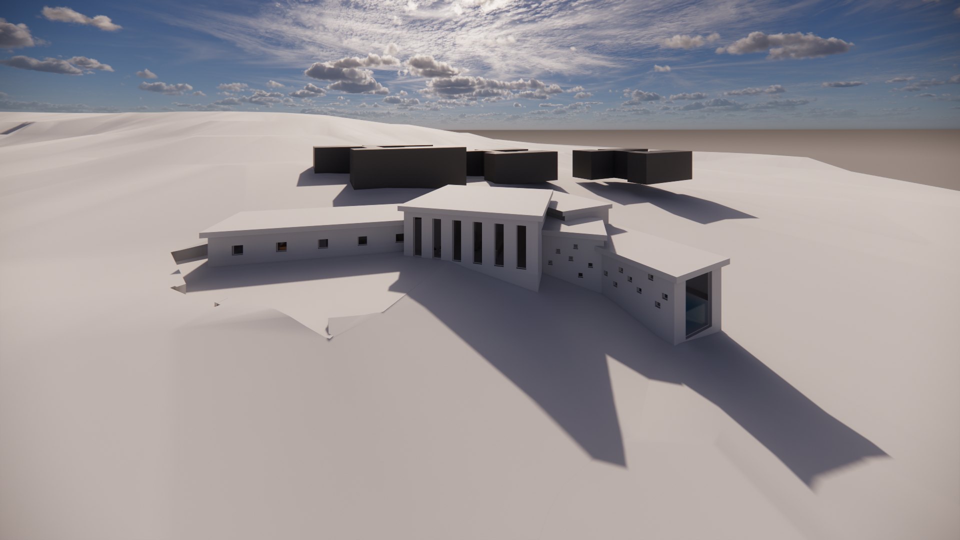 3D rendering of a modern, multi-level white building with a curved design, surrounded by snow, with a blue sky and scattered clouds.