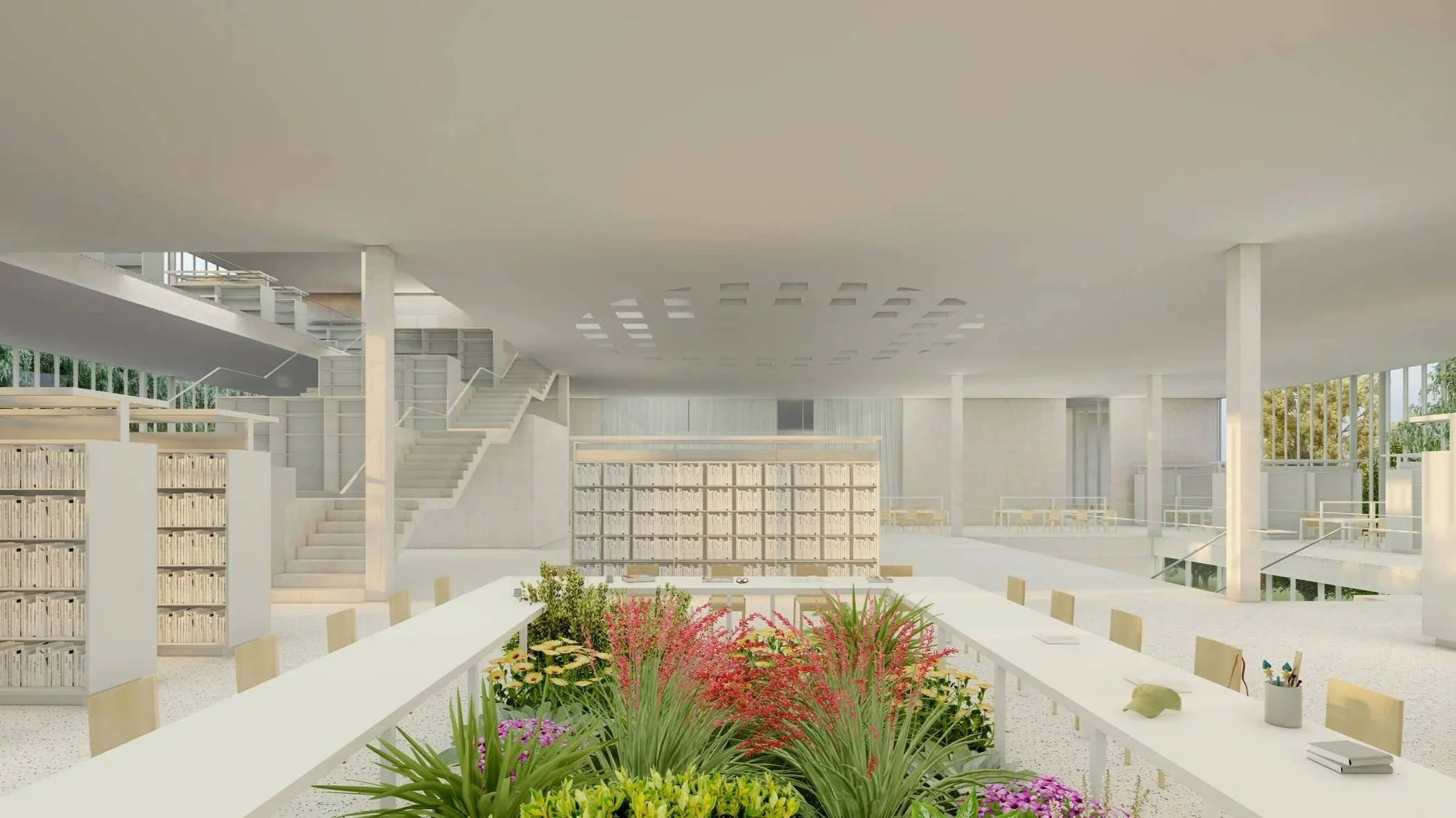 Modern interior library with bookshelves, a garden table with chairs, and a garden area with flowers and plants in the center.