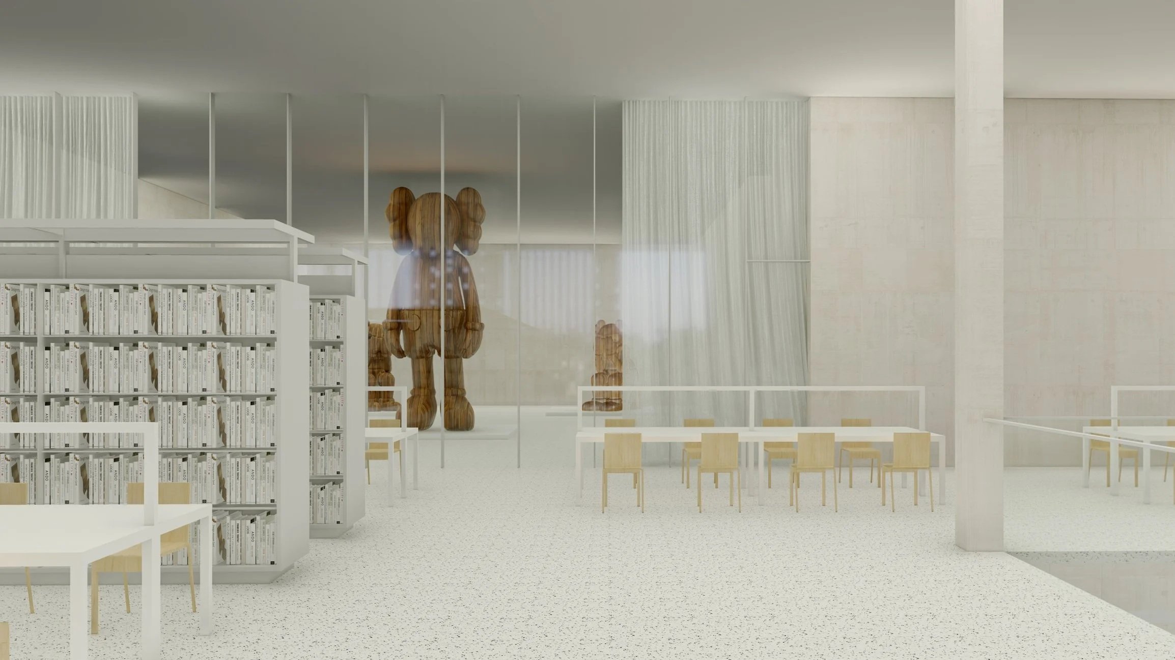 Modern library interior with white bookshelves, wooden chairs, and large wooden sculpture of a dog behind glass