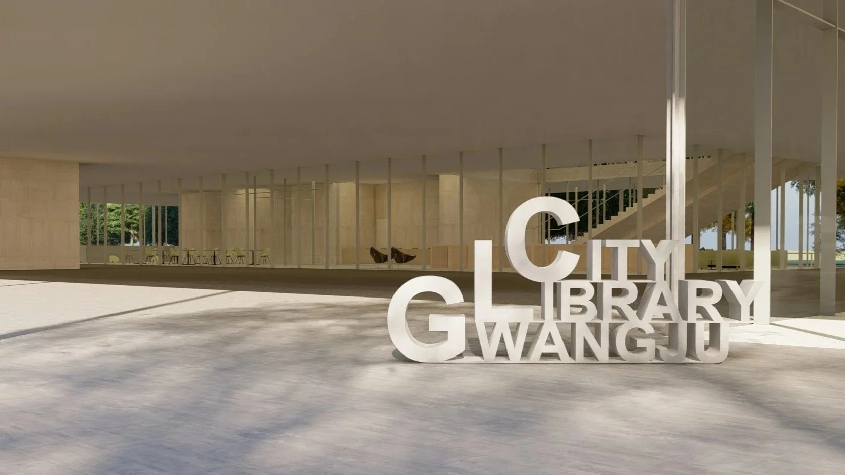 Modern city library building with large white 3D sign reading 'CITY LIBRARY GWANGJU' outside