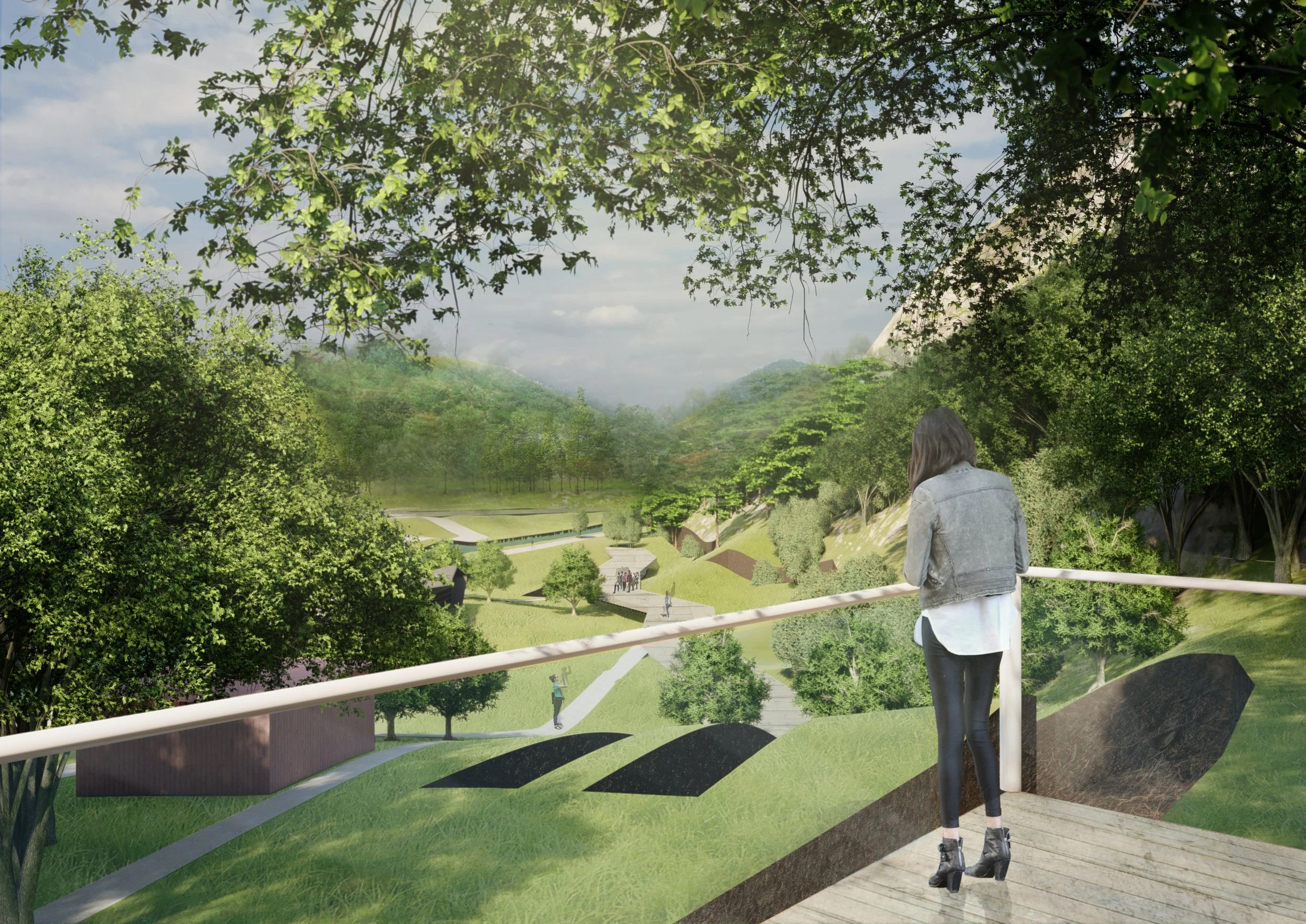 A woman with dark hair, wearing a gray jacket, white shirt, leather pants, and heeled boots, stands on a wooden balcony overlooking a lush green park or open space with trees and walkways.