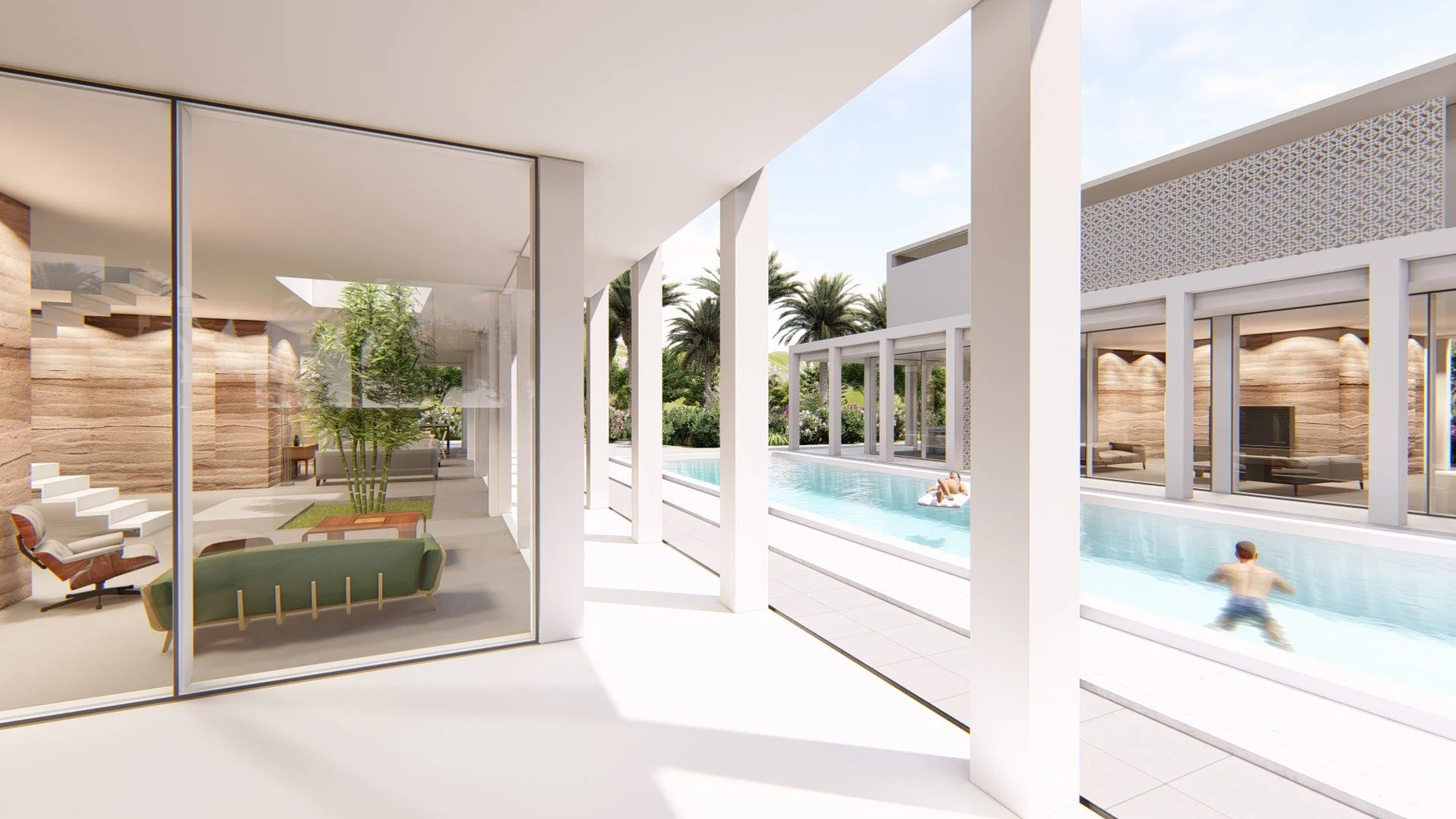 Modern house interior with glass walls overlooking a swimming pool and outdoor landscape with palm trees.