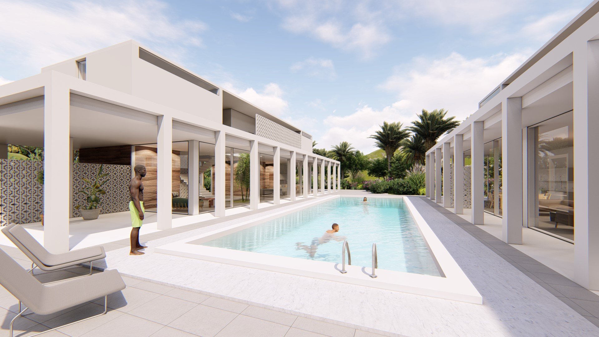 Modern residential swimming pool area with white structures, lounge chairs, and several people swimming, surrounded by greenery and palm trees.