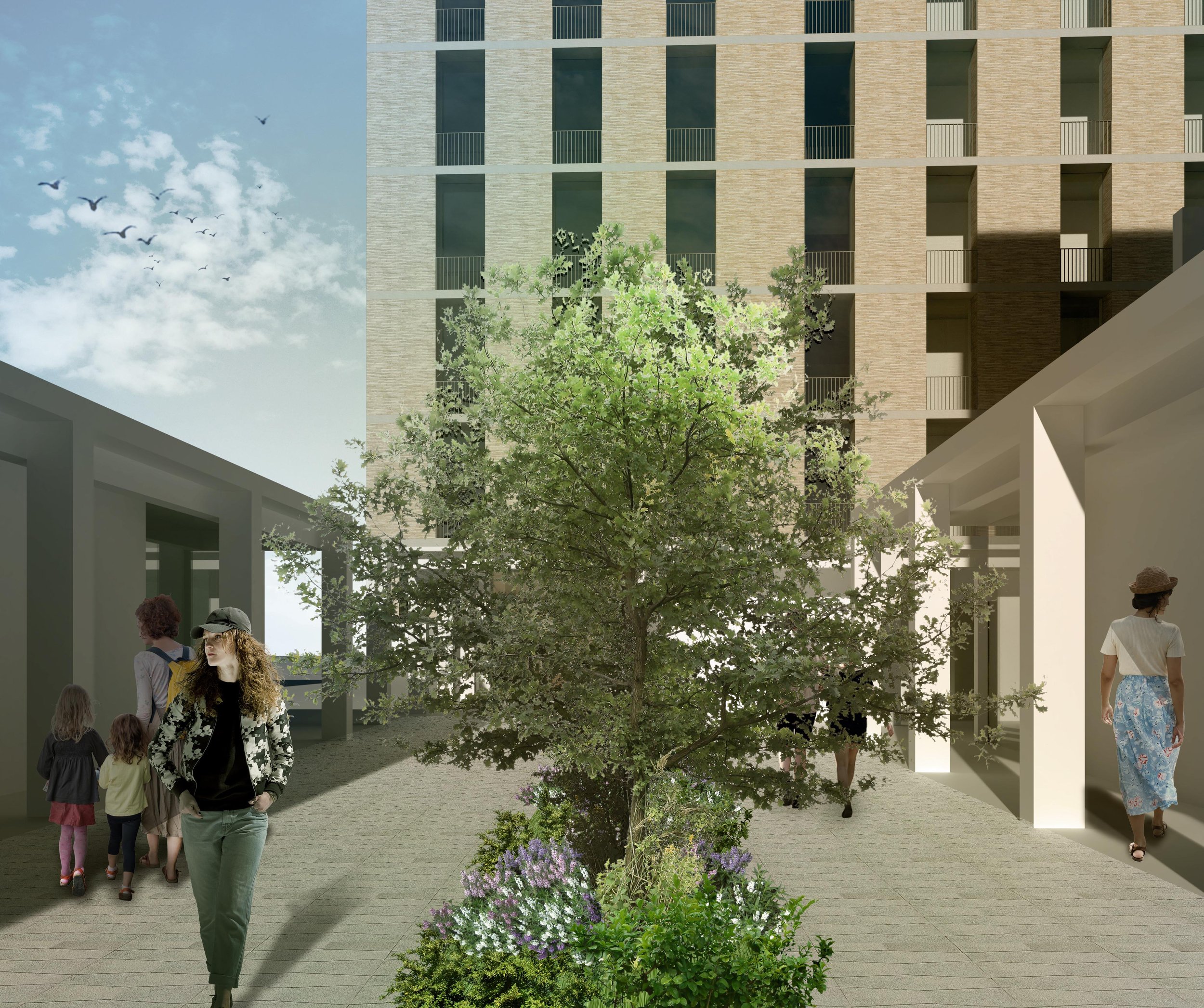 Sketch of an urban courtyard with people walking past a tree and modern buildings in the background.