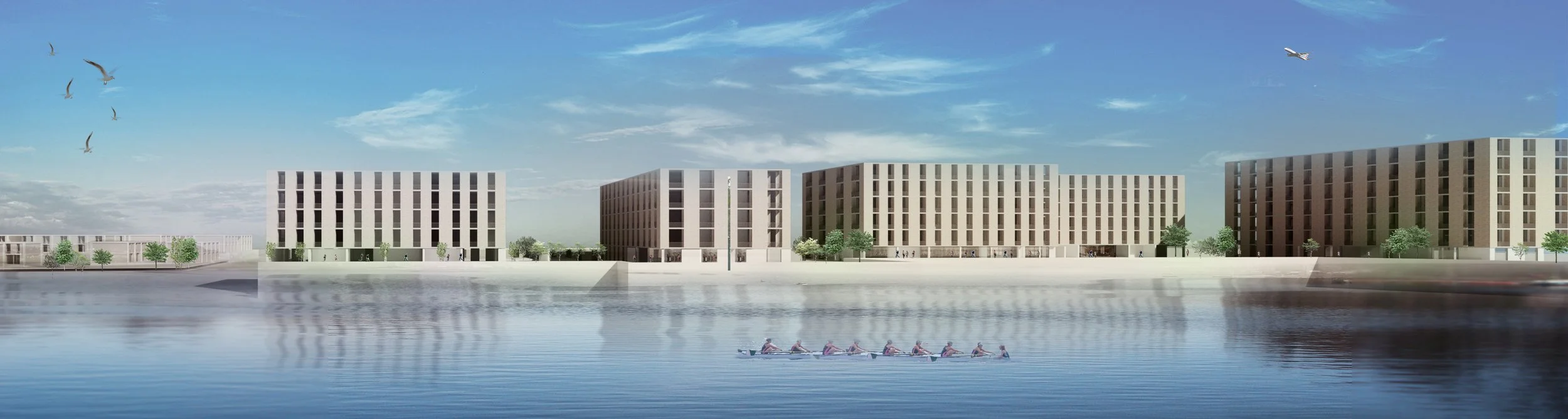 A digital rendering of a modern waterfront residential area with five multi-story apartment buildings, a paddle boat with eight people, birds flying in the sky, and an airplane overhead on a bright, partly cloudy day.