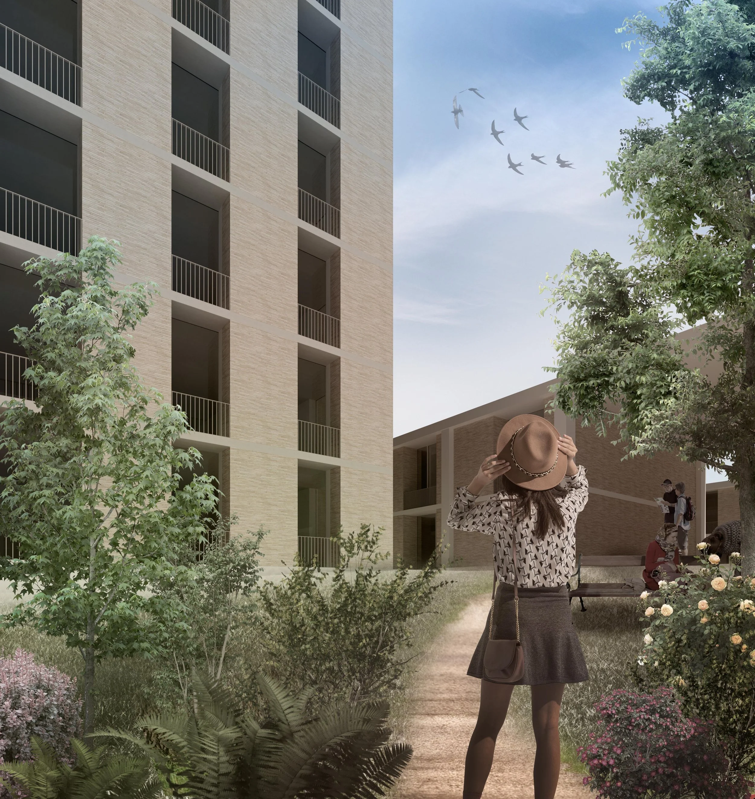 A woman wearing a patterned shirt, dark skirt, and wide-brimmed hat stands on a garden path with her back to the camera, holding her hat. She is surrounded by greenery and flowers, with a modern beige apartment building on the left, trees on the righ