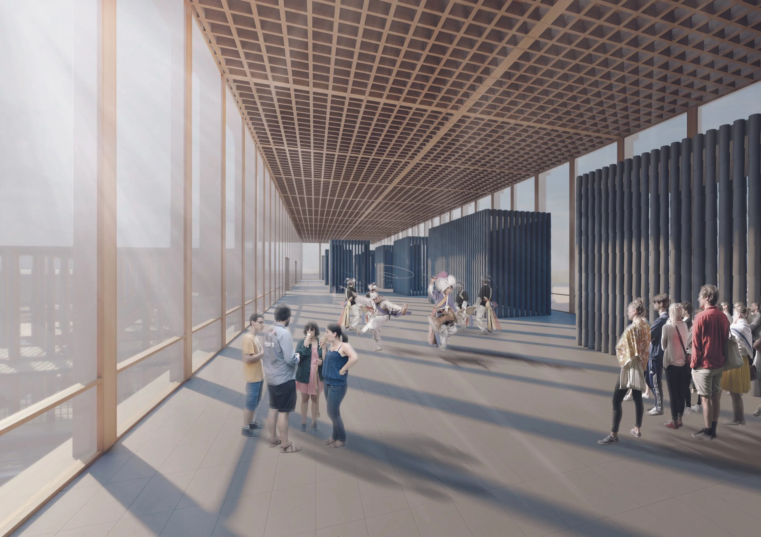 People watching traditional dancers perform inside a modern architectural space with large glass walls and a wooden ceiling.