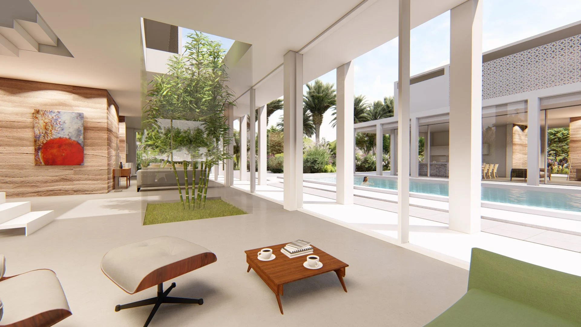 Modern living room with large floor-to-ceiling windows overlooking a pool and outdoor garden with palm trees. Includes green chair, wooden coffee table with two cups of coffee and books, and abstract wall art.