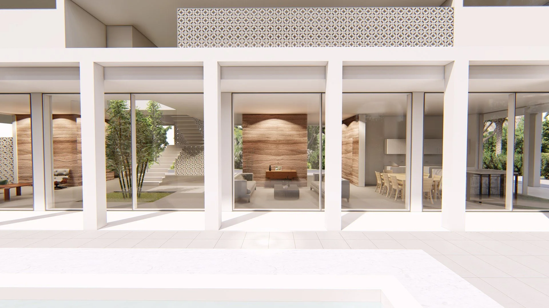 Modern house interior with large glass walls, open floor plan, outdoor patio area, and visible staircase.