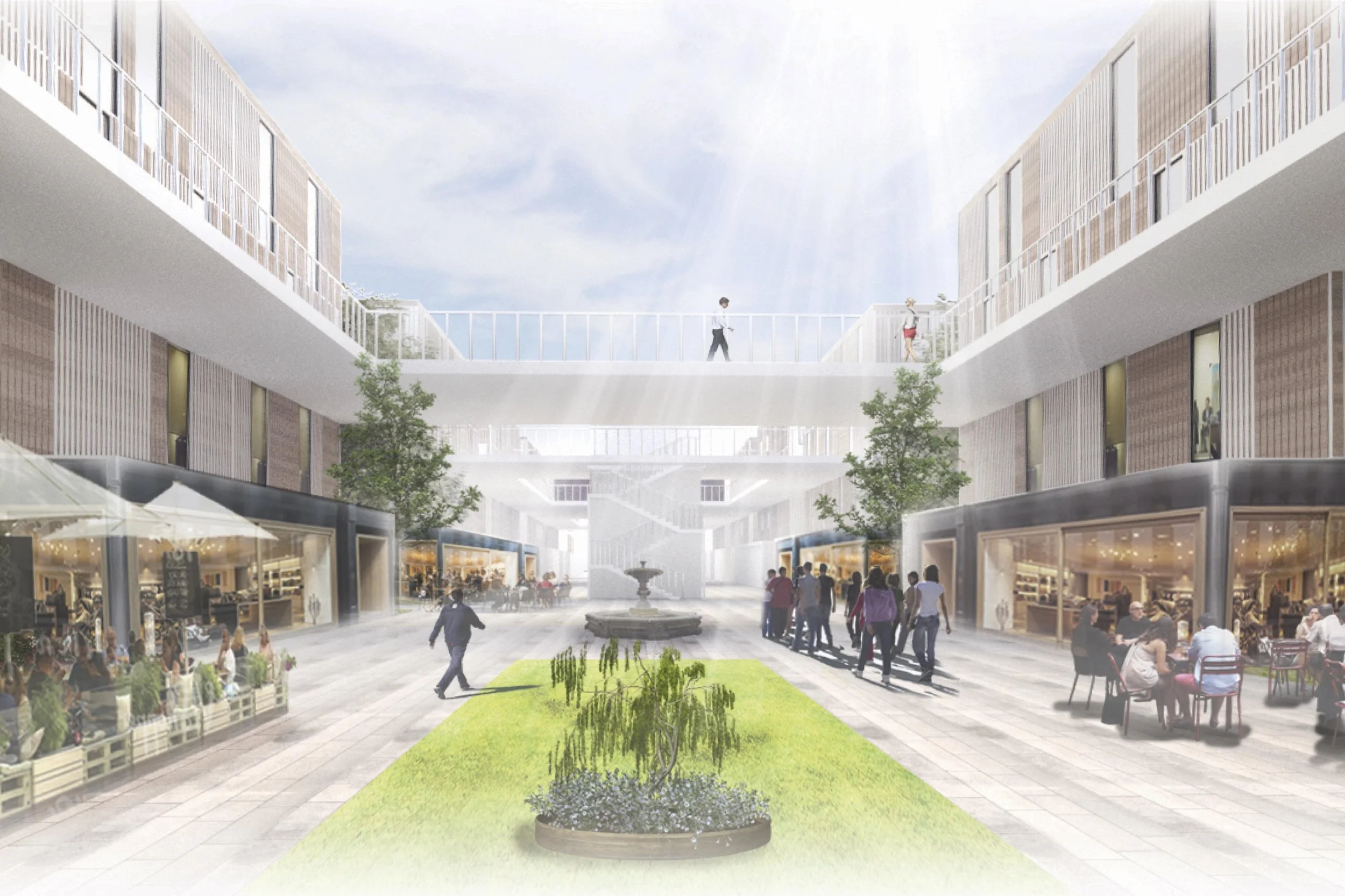 A modern outdoor shopping center with retail stores on both sides, people walking and dining, and a small grassy area with a tree and fountain in the center.