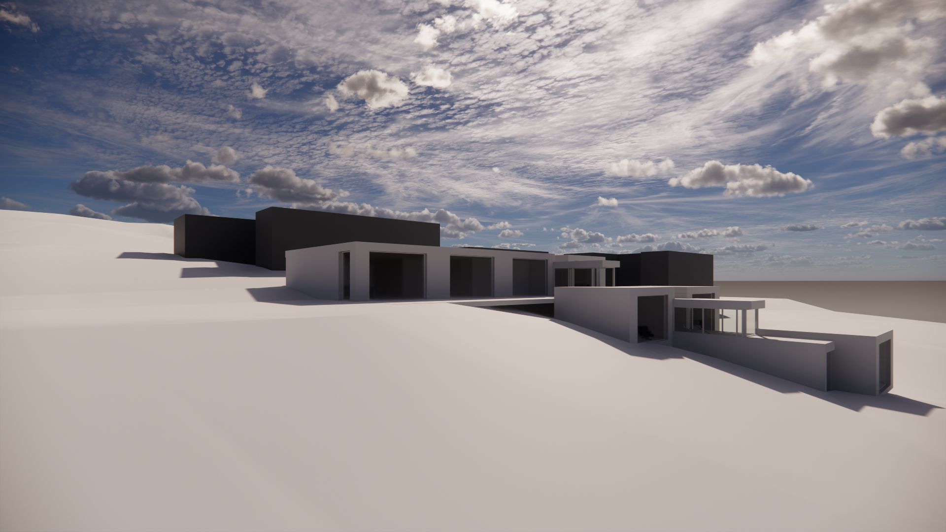 A modern, minimalist architectural house with multiple levels, white and black exterior walls, large windows, and flat roofs, situated on a lightly sloped landscape under a partly cloudy sky.