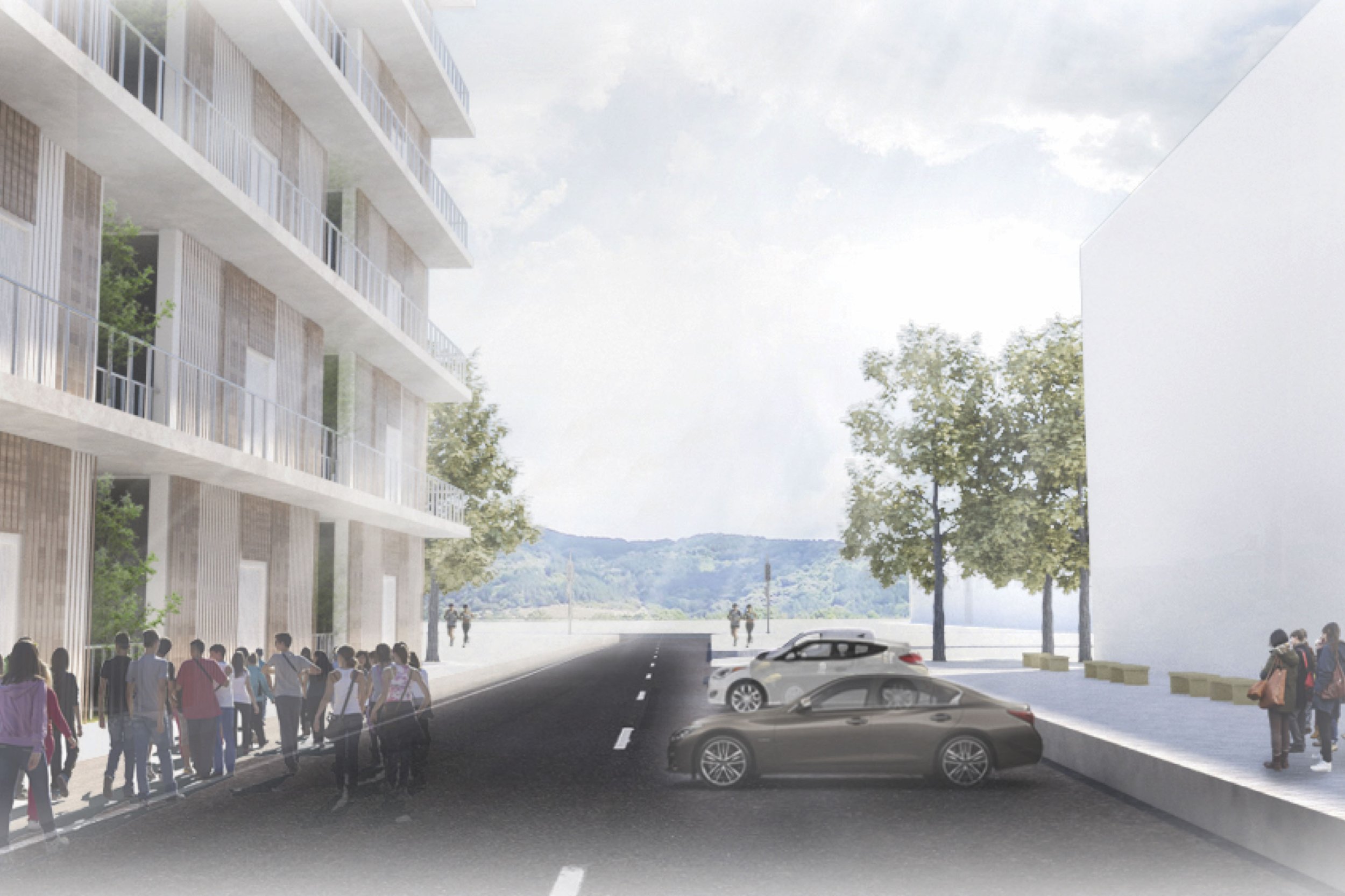 An urban street scene with a building on the left, a group of pedestrians on the sidewalk, parked cars on the right, and trees with a mountain in the background.