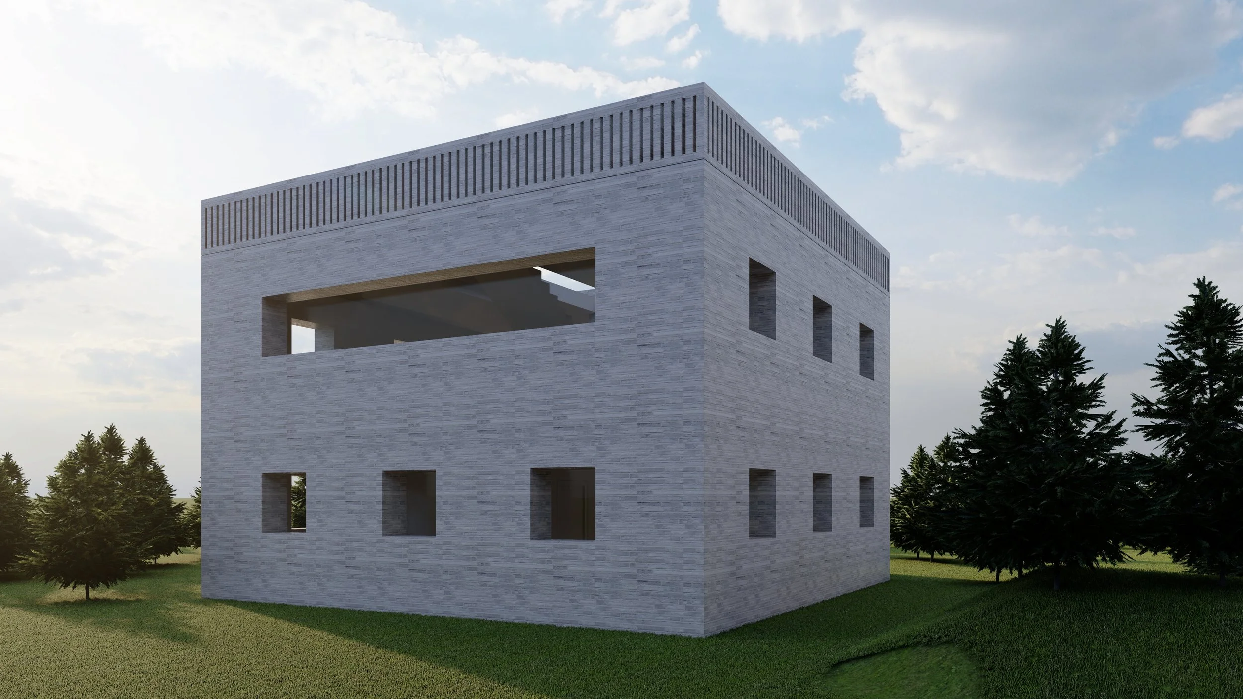 A modern, cube-shaped building with a light gray brick exterior, several small windows, and a large open rectangular balcony on the top floor. The building is surrounded by grass and trees under a partly cloudy sky.