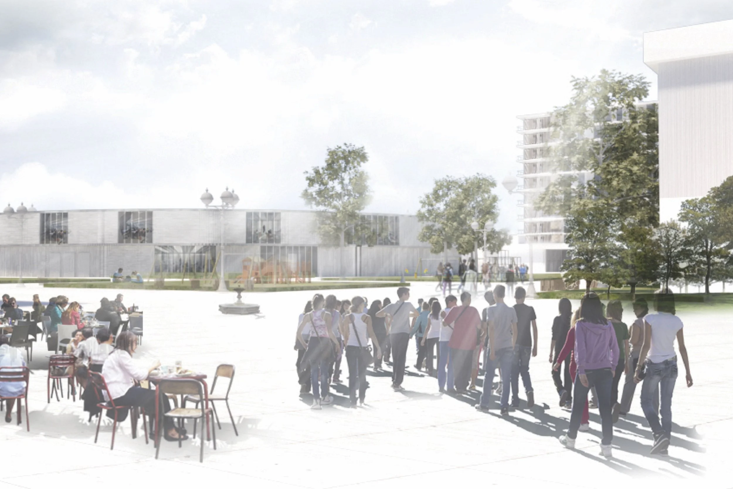 A group of people walking in an outdoor space with trees and modern buildings in the background, some seated at tables.