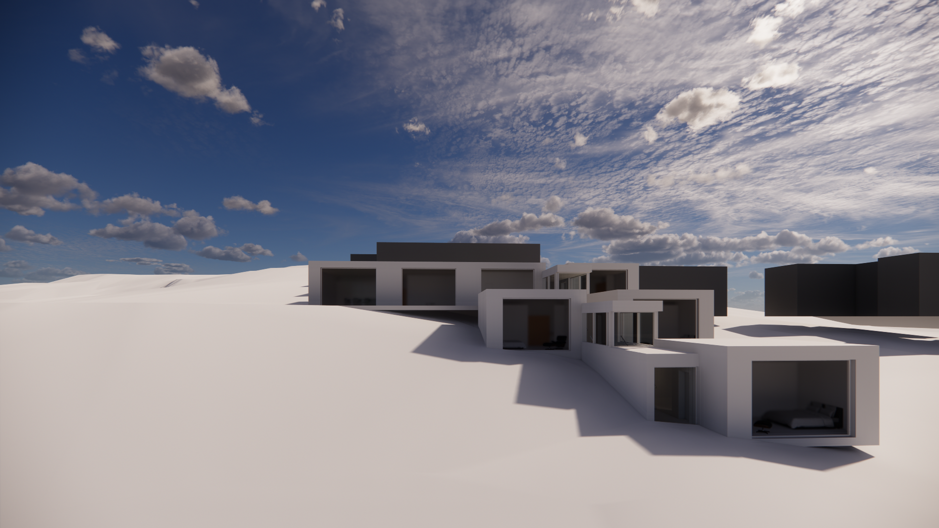 Modern white and black house design on a hilly landscape with a cloudy blue sky.