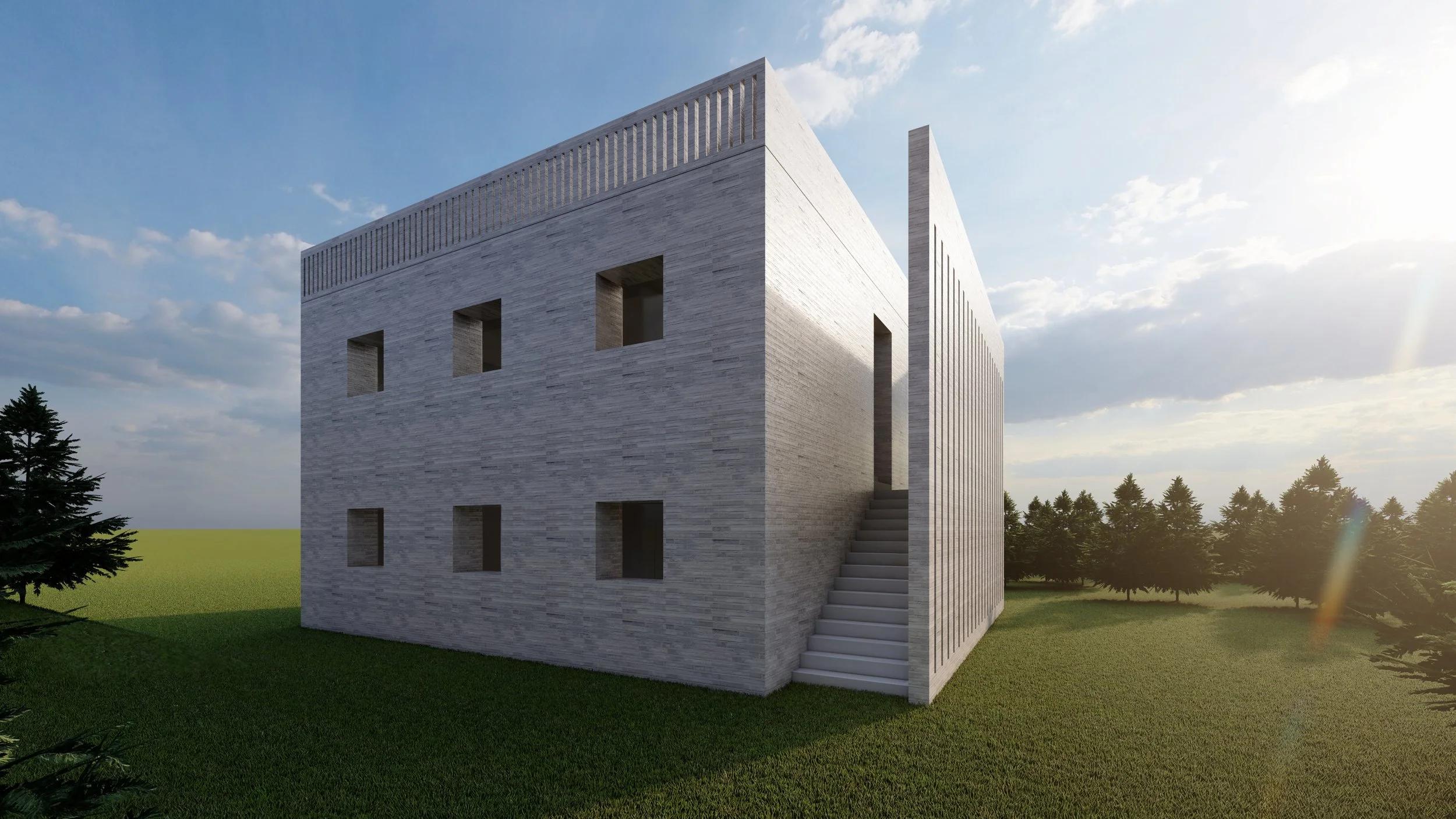A modern, minimalist building with a rectangular shape, white textured walls, and small square windows, situated on a grassy landscape with a few trees and a partly cloudy sky in the background.