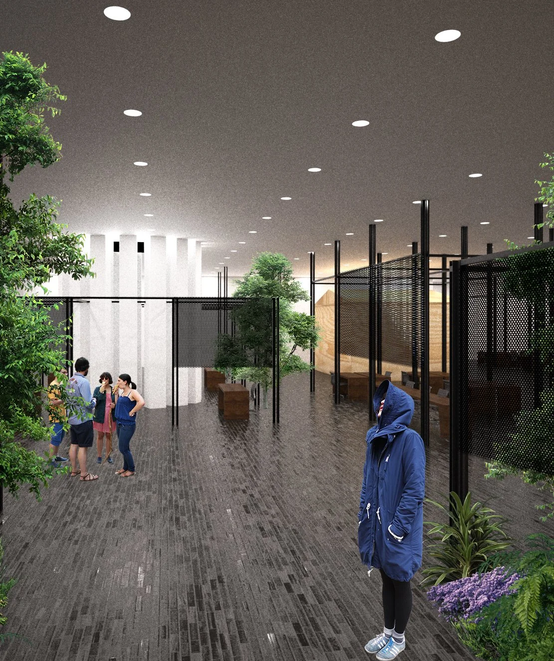 Indoor space with a group of people on the left and a person in a blue jacket on the right, surrounded by trees and plants, with black dividers, wooden seating, and a polished wooden floor.