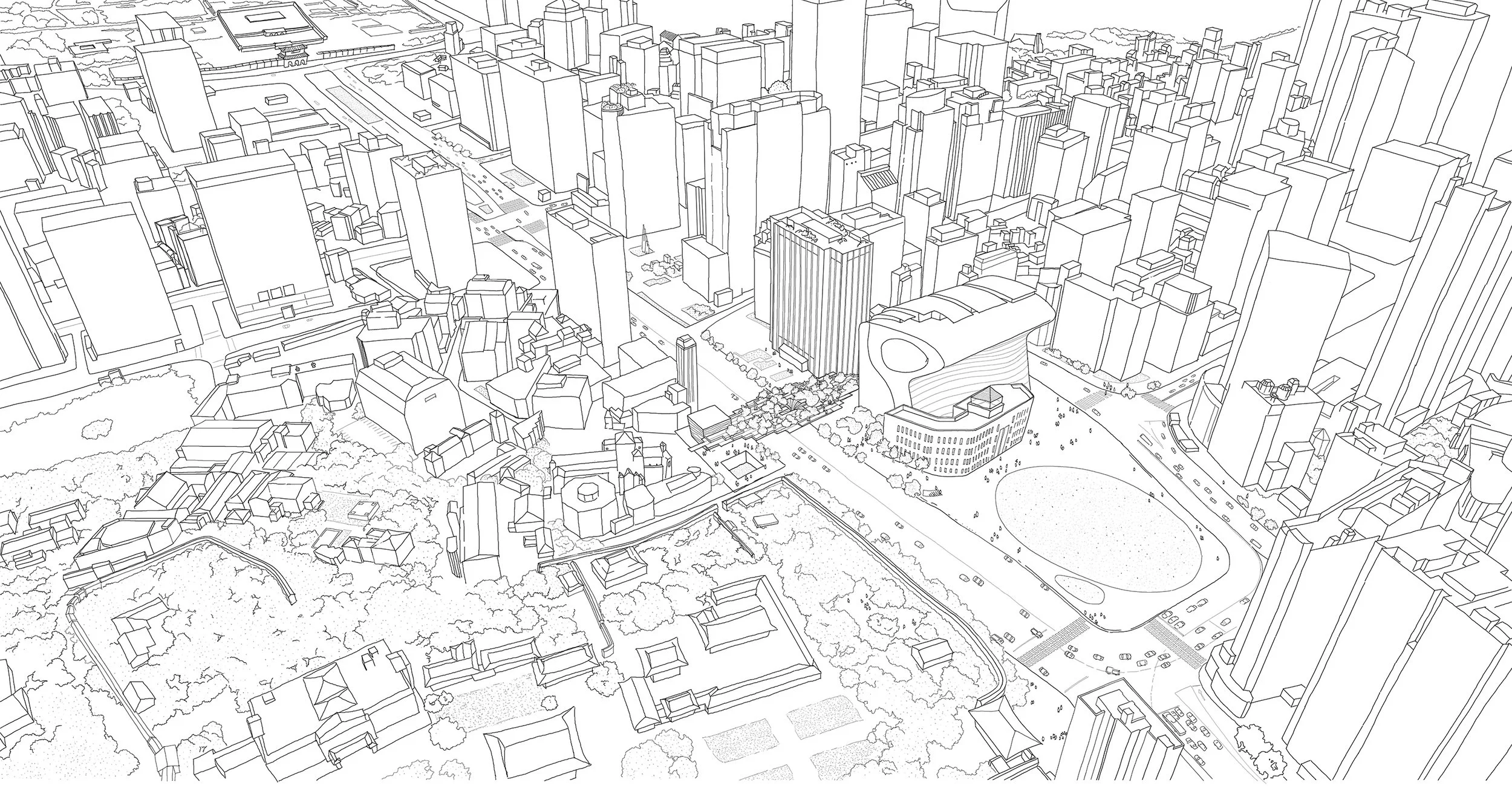 A line art drawing of an urban cityscape with high-rise buildings, a park with trees, and a large modern building with an oval shape in front of it.
