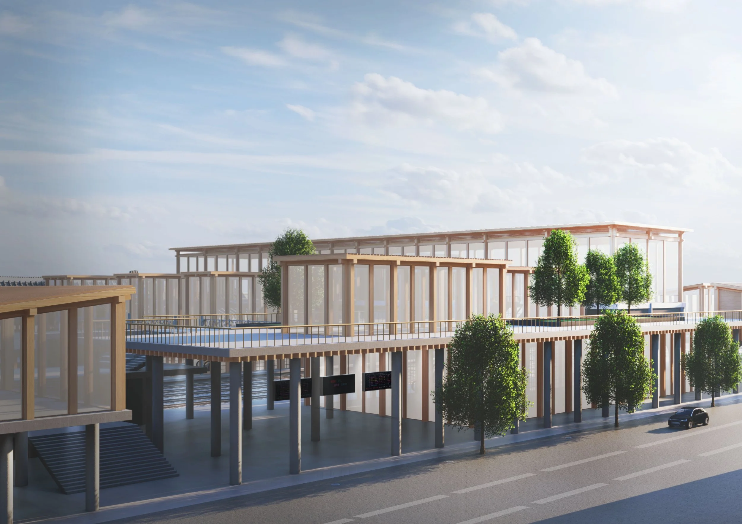 Architectural rendering of a modern multi-level building with glass walls, wooden accents, trees, and a parking area, under a partly cloudy sky.