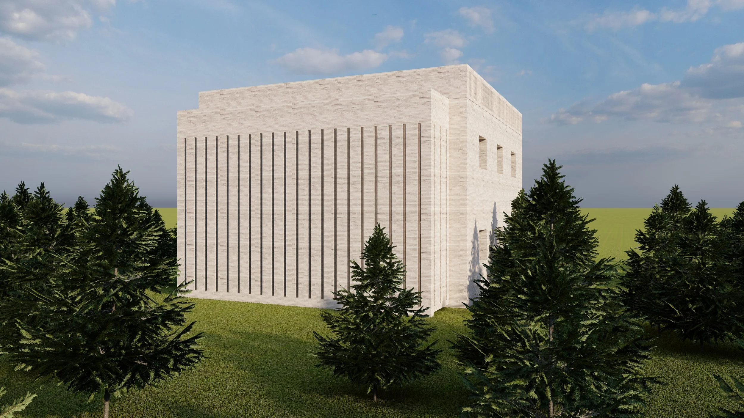 A modern, rectangular building with vertical slit windows, surrounded by evergreen trees, under a partly cloudy sky.