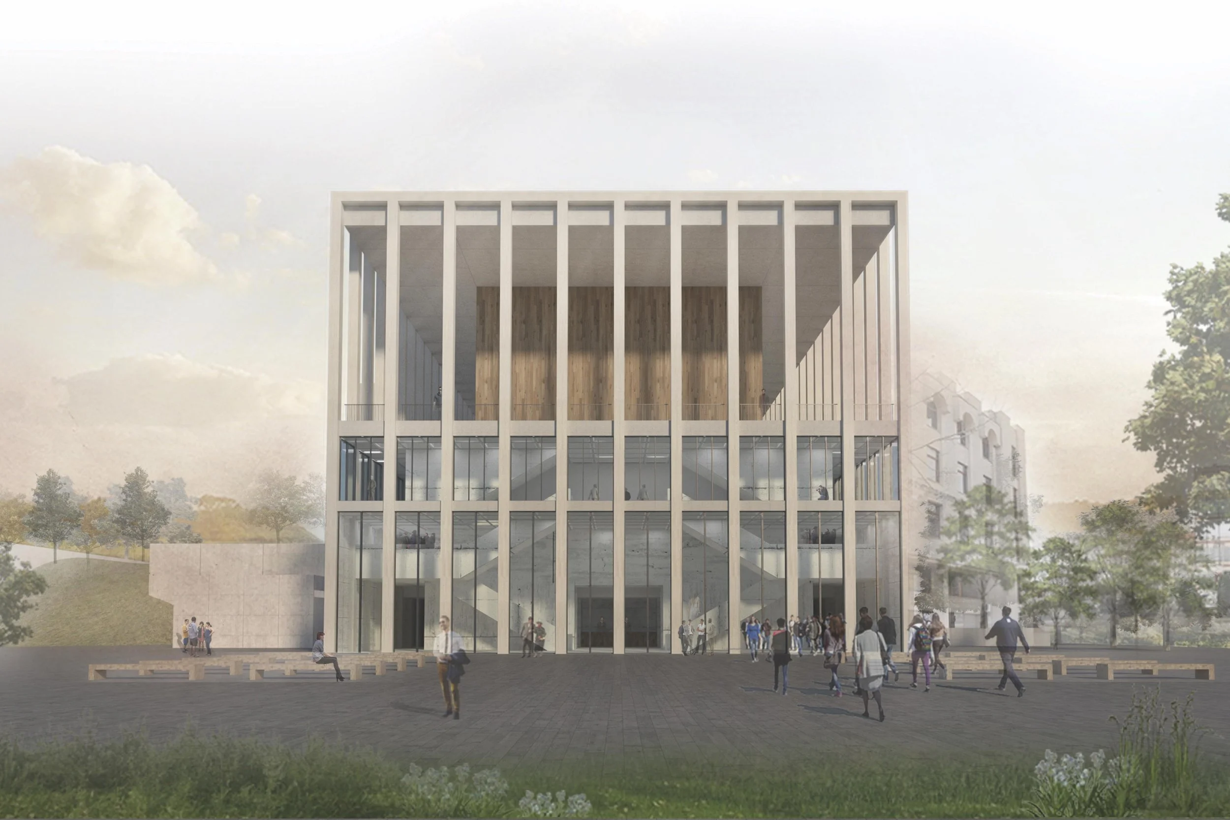 A modern multi-story building with large glass windows and vertical white beams, with people walking and sitting outside.