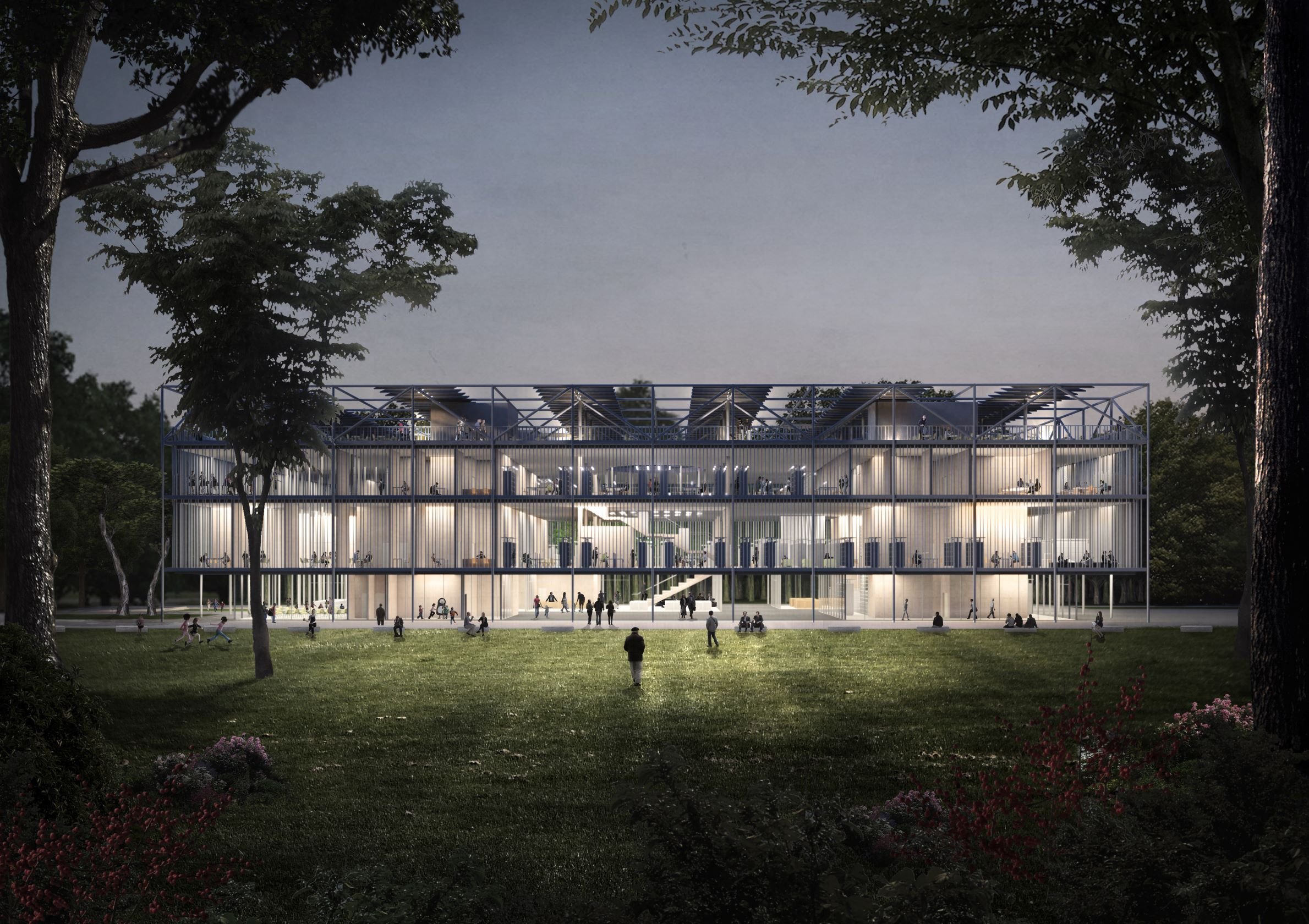 Nighttime illustration of a modern, multi-story building with glass walls, illuminated interior, surrounded by trees and a grassy area with people walking and sitting outside.