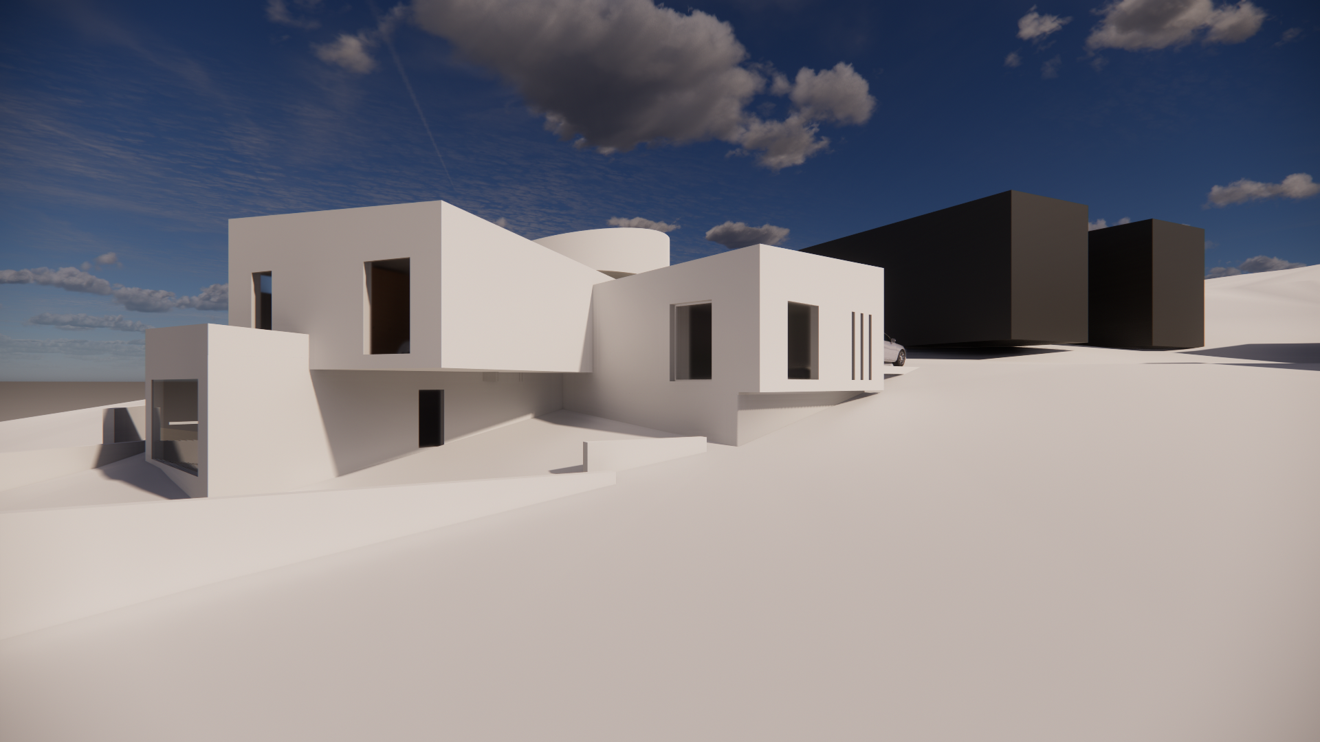 Perspective view of a modern architectural building with white and black sections, featuring flat roofs and large rectangular windows, set against a partly cloudy sky.