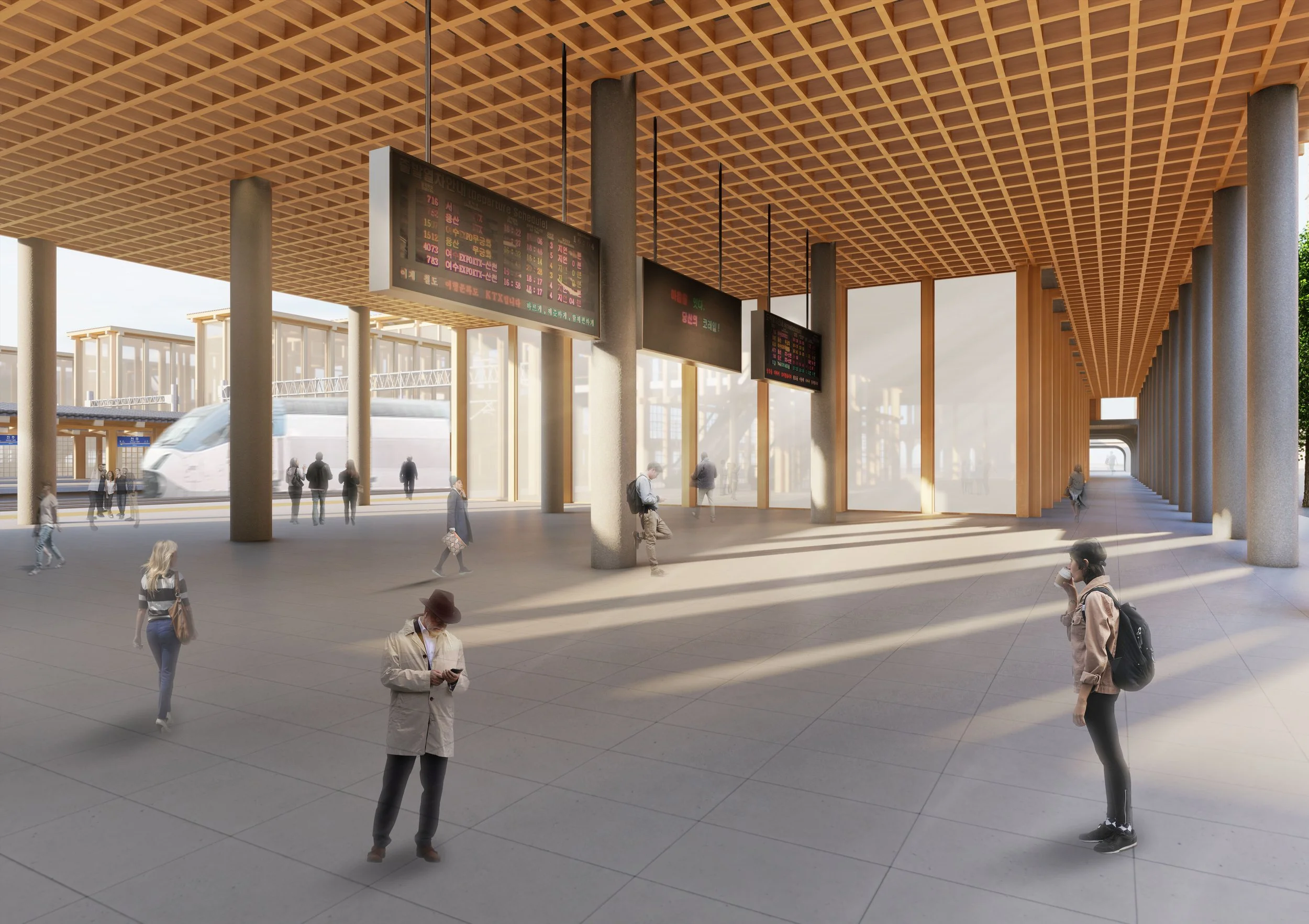 A modern train station interior with high ceilings, large windows, and electronic departure boards. Several people are waiting, walking, or using their phones, with a train passing by outside.