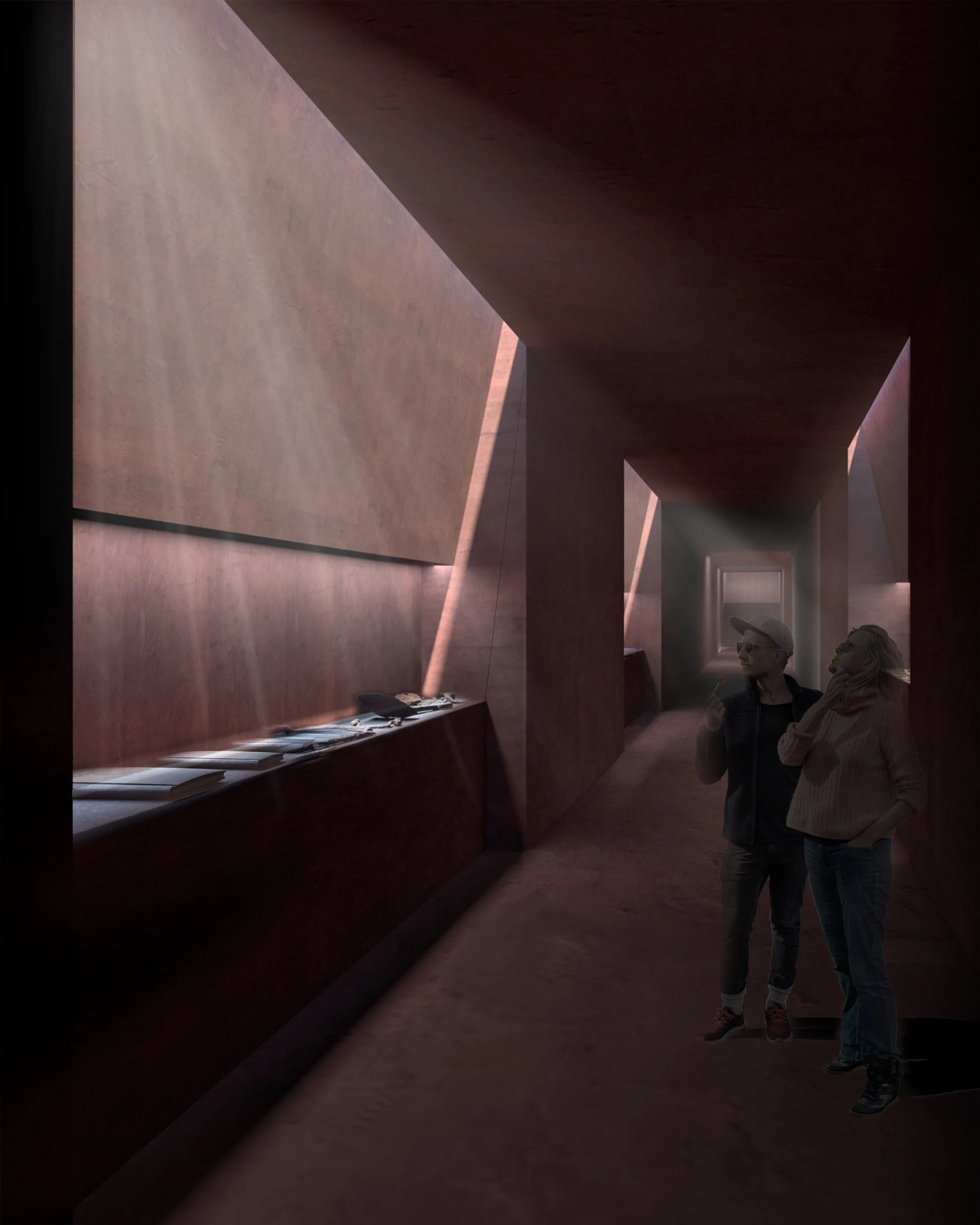 Two people standing in a modern, dimly lit museum corridor with abstract art pieces displayed along the wall. The corridor features geometric architecture with angled walls and soft lighting.