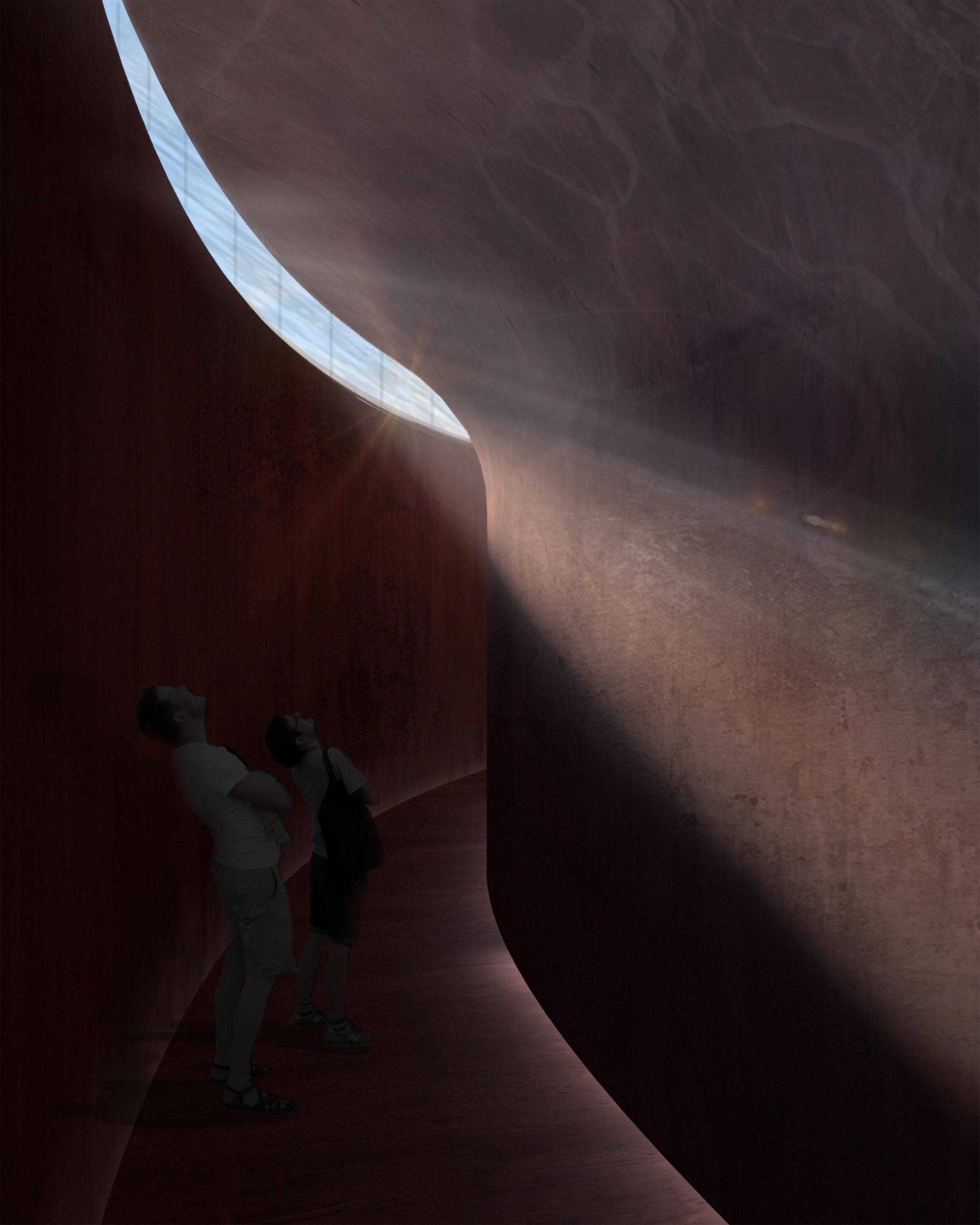 Two children looking up inside a dark, curved architectural space with a circular opening and bright light coming through.