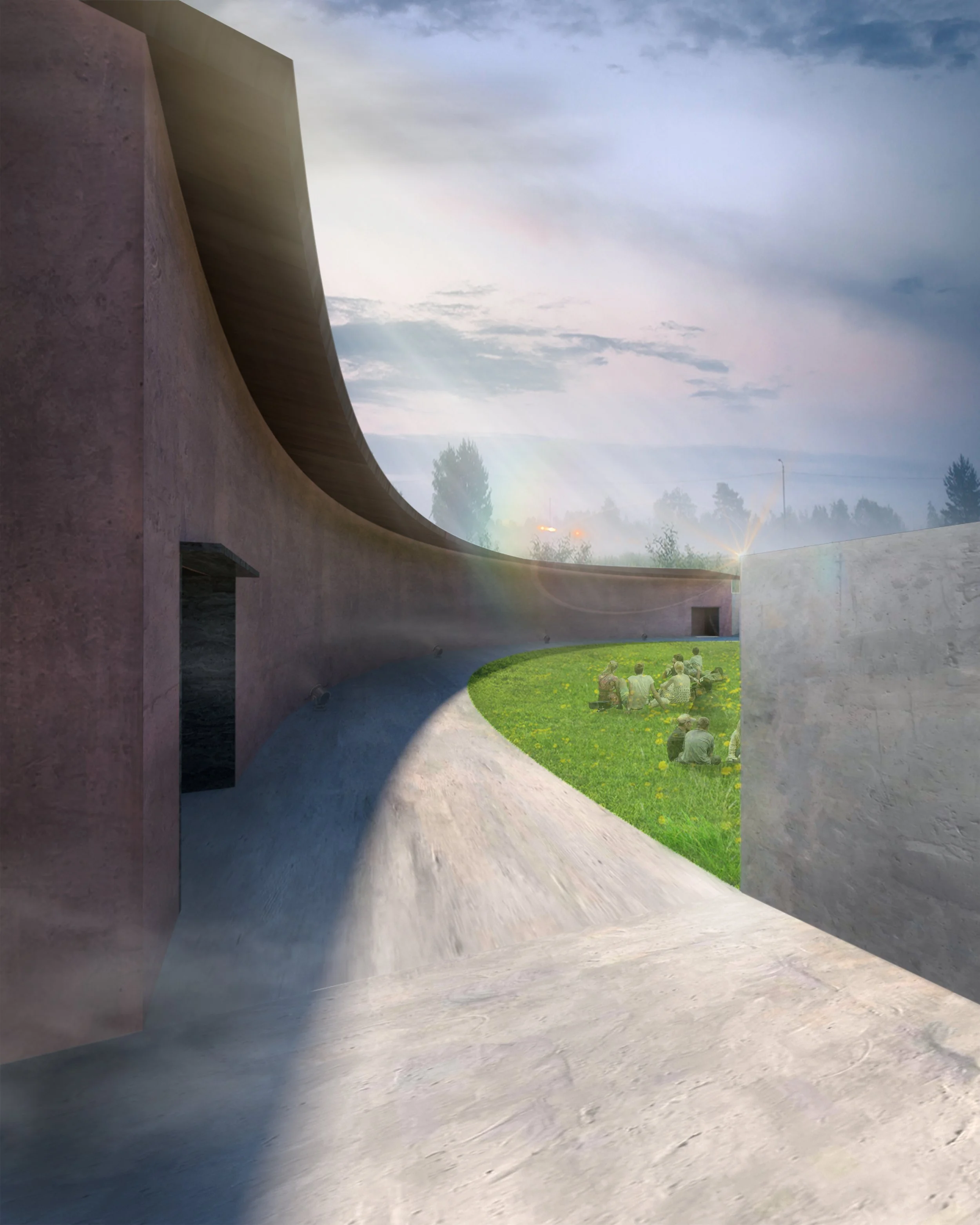 A modern concrete building with curved walls and an open walkway, overlooking a grassy area where people are sitting and relaxing in the sunlight.