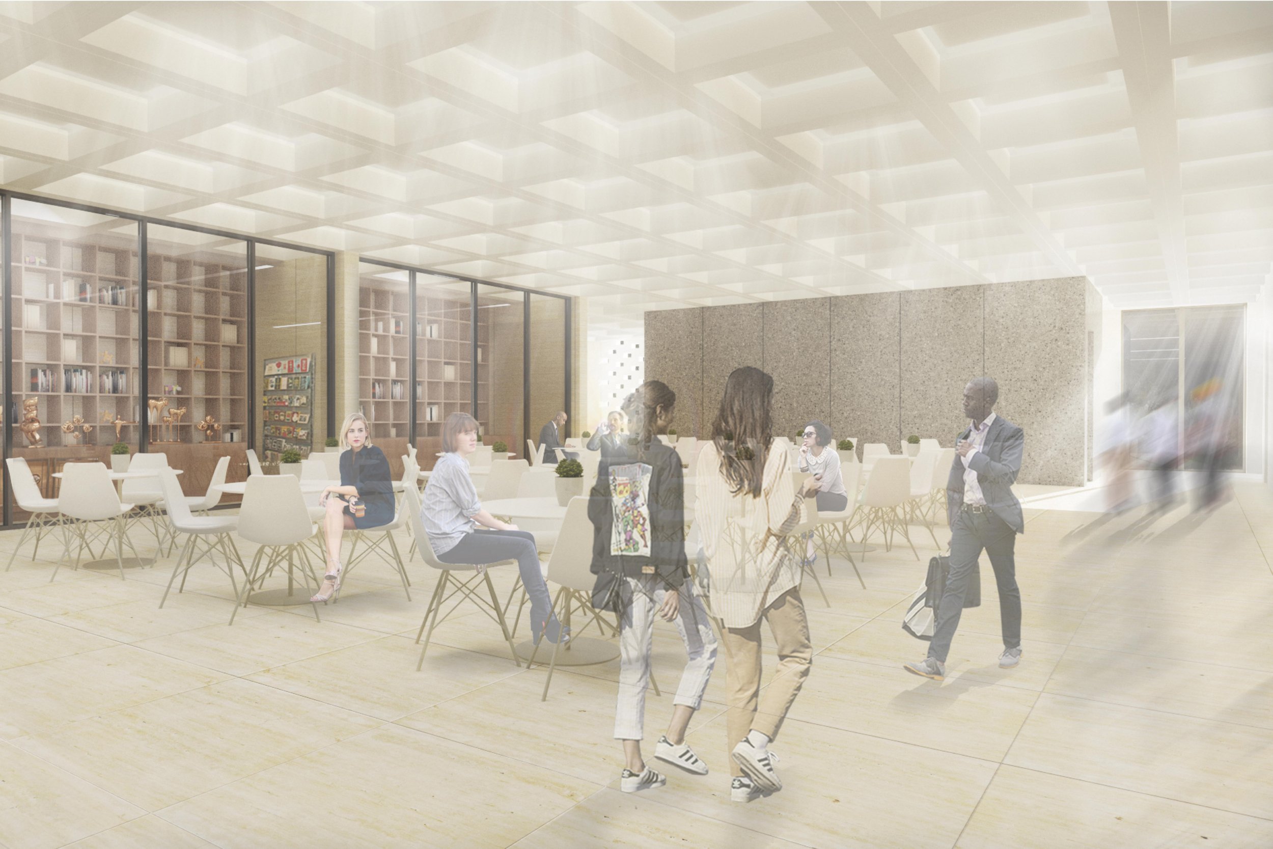 Modern lobby or waiting area with large windows, white chairs, and few people sitting and walking around.