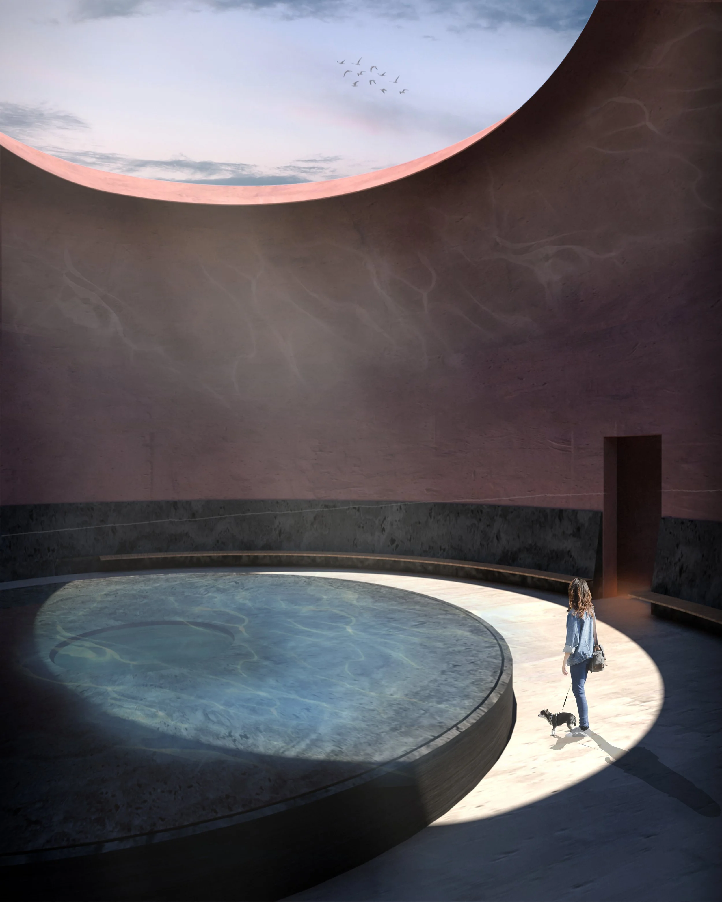 A person with a dog standing near a circular pool inside a modern, minimalist building with a large, round opening in the ceiling showing an overcast sky and birds flying.
