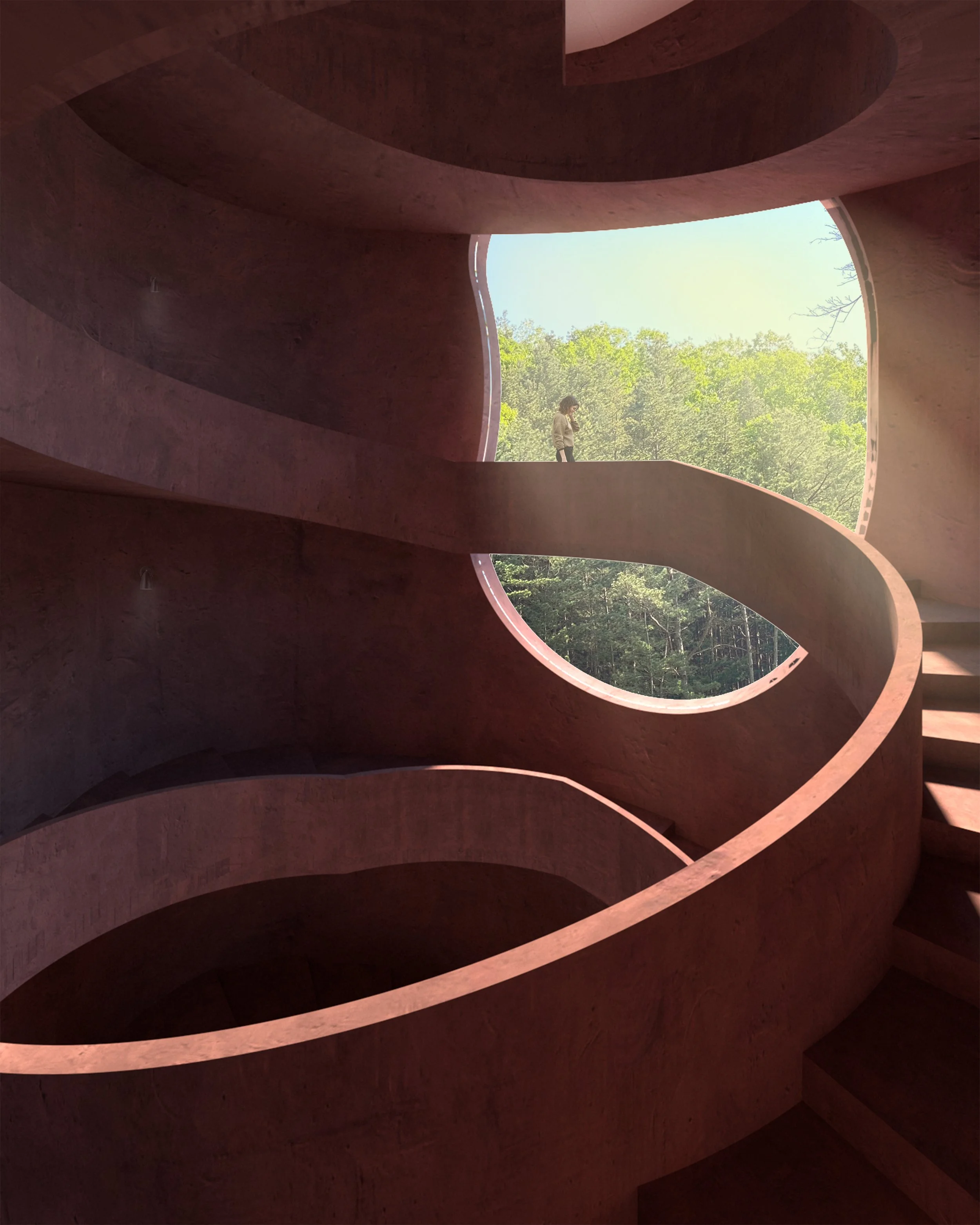 Interior view of a spiral staircase with a large opening showcasing a woman standing on an outdoor balcony area, overlooking a forested landscape.