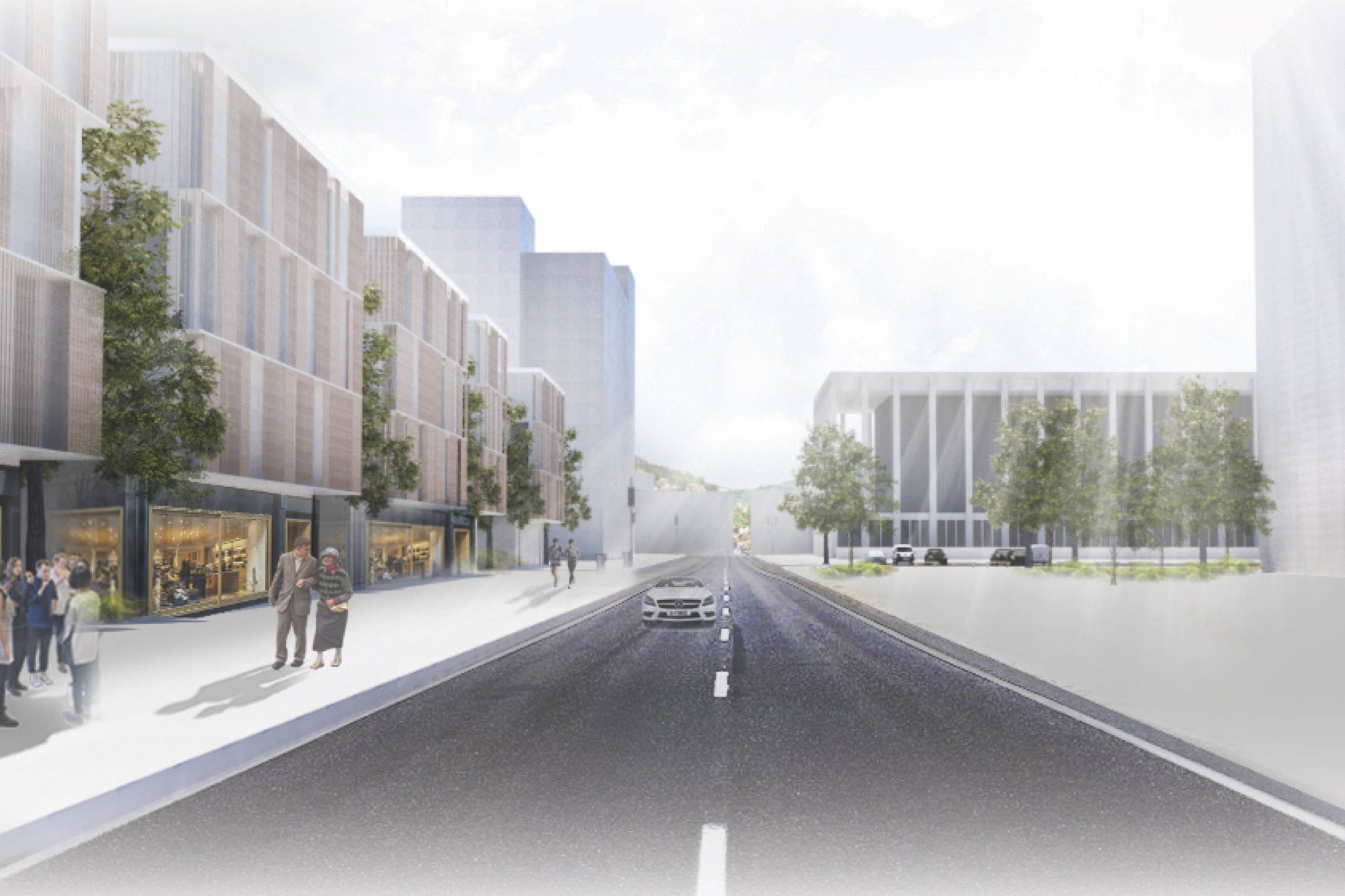 A digital rendering of a city street scene during daytime with modern buildings, trees lining the sidewalks, and a few pedestrians. A car is driving down the middle of the street towards the background.