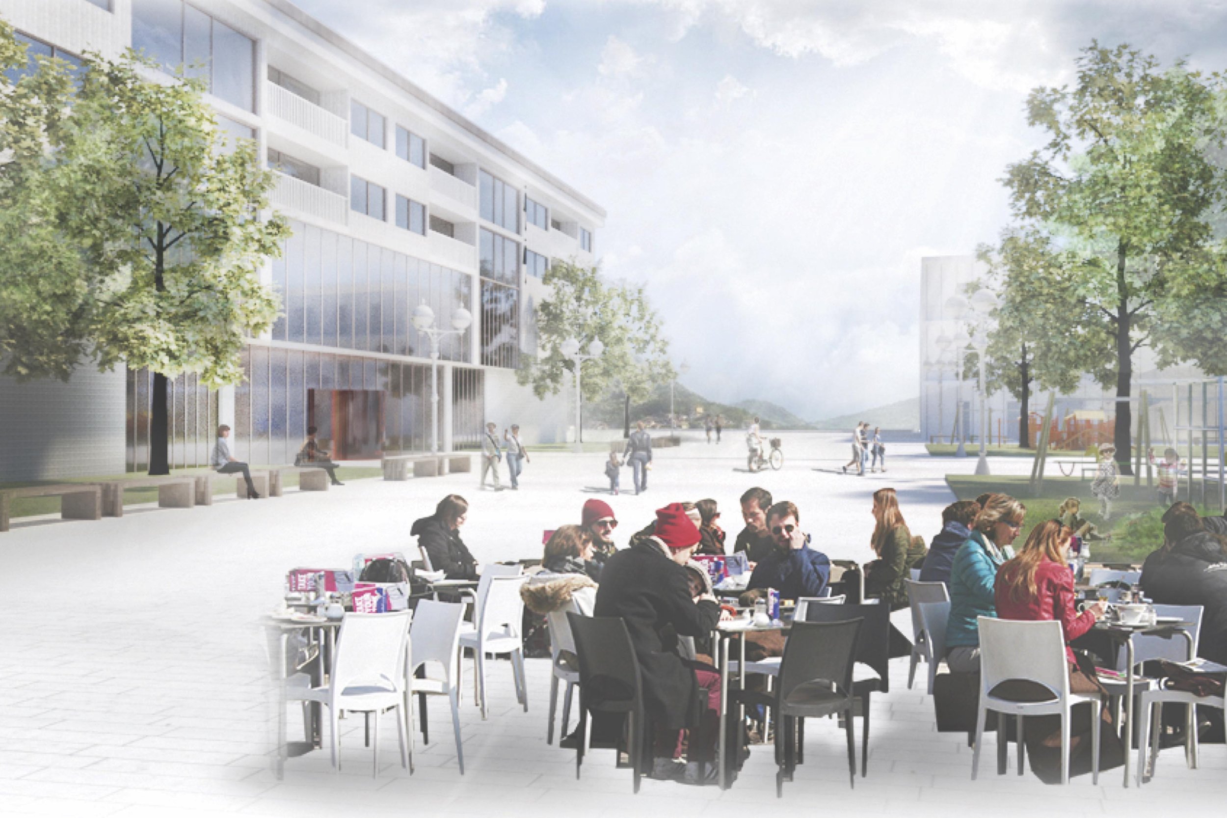 People sit at tables outside in an urban plaza, with a modern building, trees, and a playground in the background.