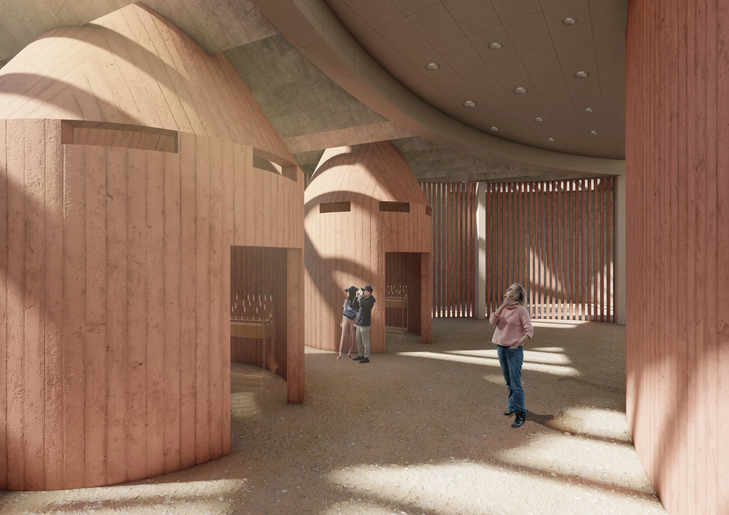 Interior of a modern building with curved wooden structures, a concrete ceiling, and vertical wooden slats creating partitions. Four people are present: one woman in a pink sweater and jeans standing with her hand near her face, and three people, one