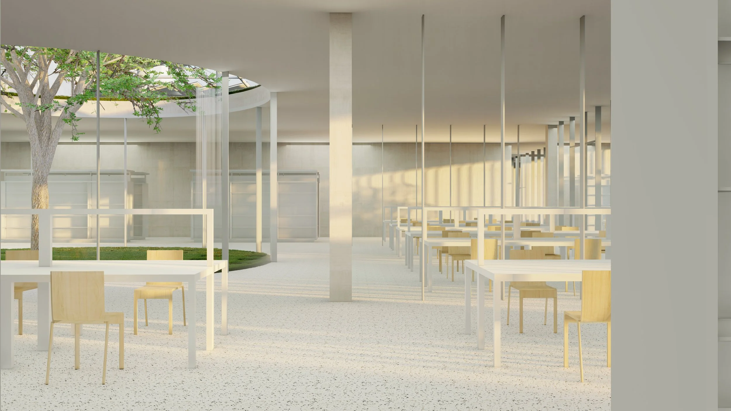 Modern indoor dining area with light wood tables and chairs, large windows, and a tree visible through a skylight in the ceiling.