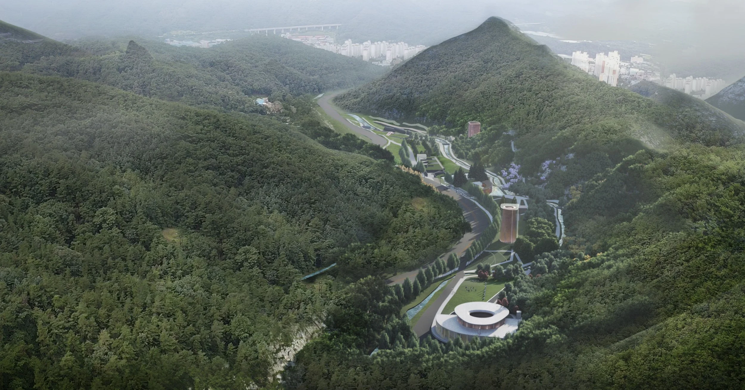 Architectural renders of a modern development with circular and rectangular buildings, bridges, and walking paths nestled within a lush, green mountain landscape.