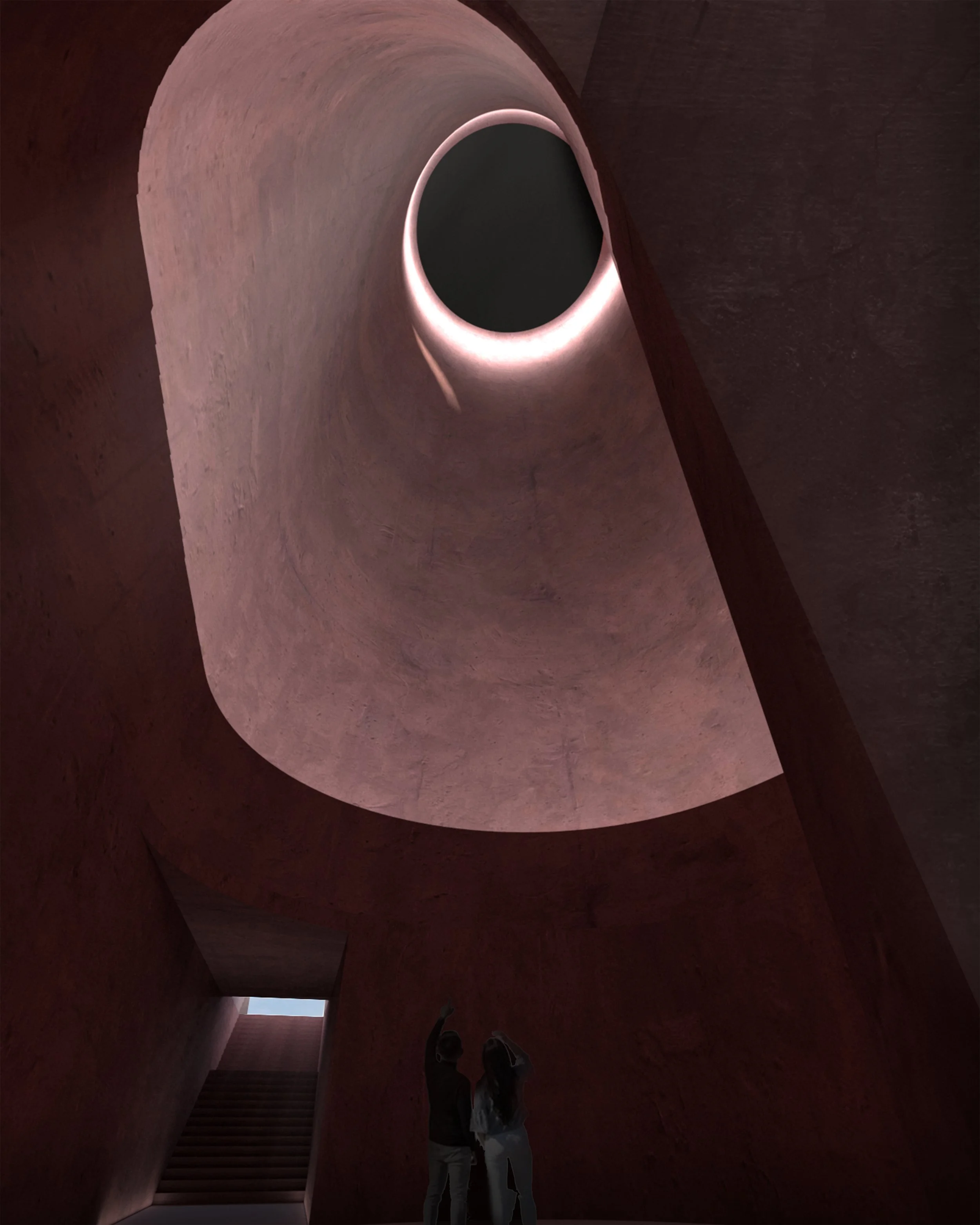 Looking up inside a modern, artistically designed building with unusual curved walls and large circular opening in the ceiling, showing two people in the bottom corner.