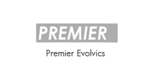 Premier Evolvics logo with gray background and white text.