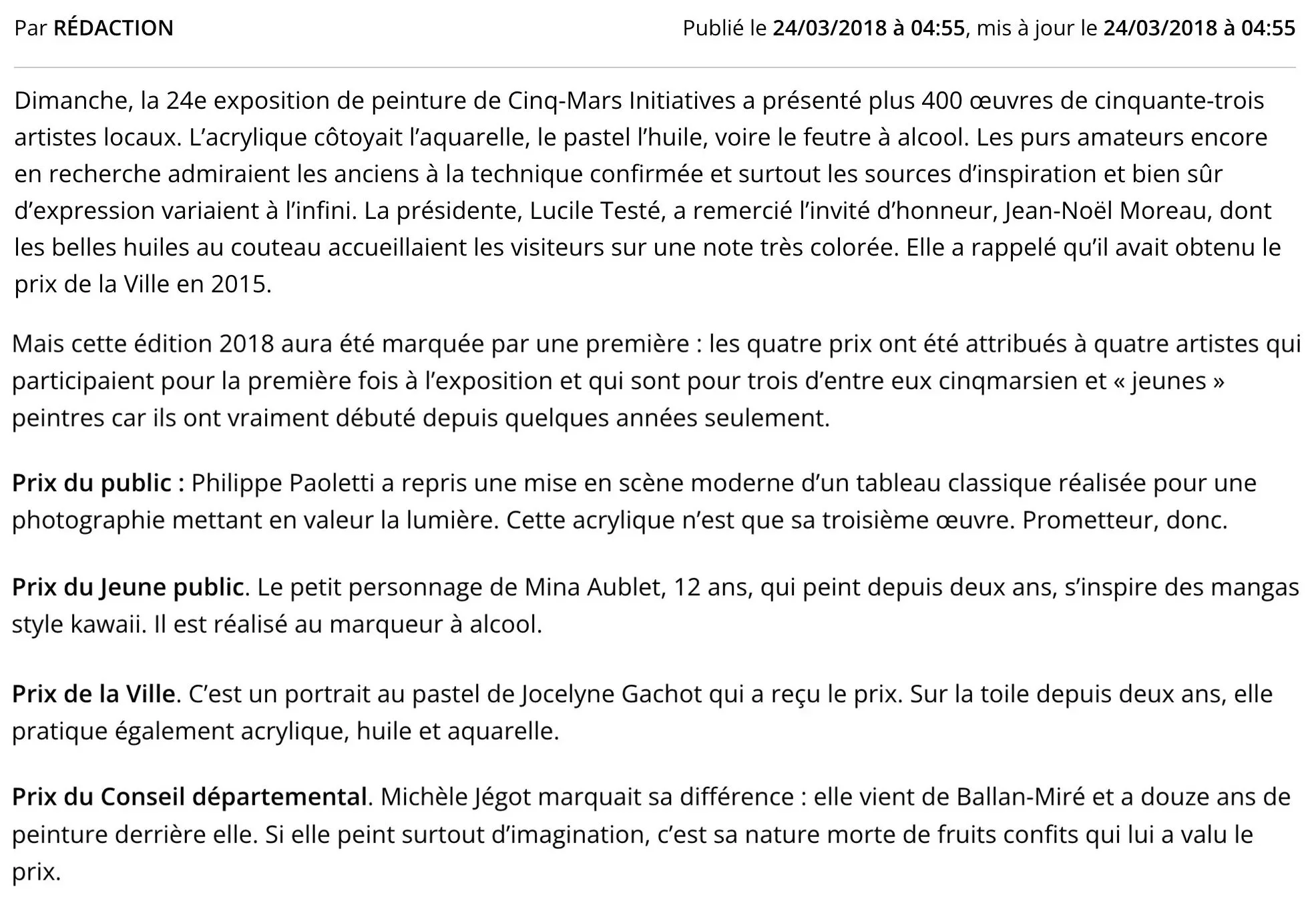 Capture d'écran d'un article écrit en français, daté du 24 mars 2018, décrivant une exposition de peinture avec différentes œuvres et artistes, avec des sections sur le public, le jeune public, la ville et le conseil départemental.