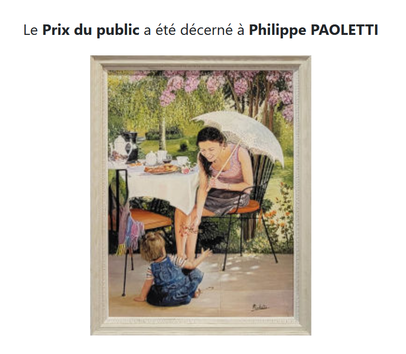 Peinture représentant une femme et un enfant lors d'un pique-nique dans un jardin, avec une toile d'araignée sur la jambe de la femme et un parasol