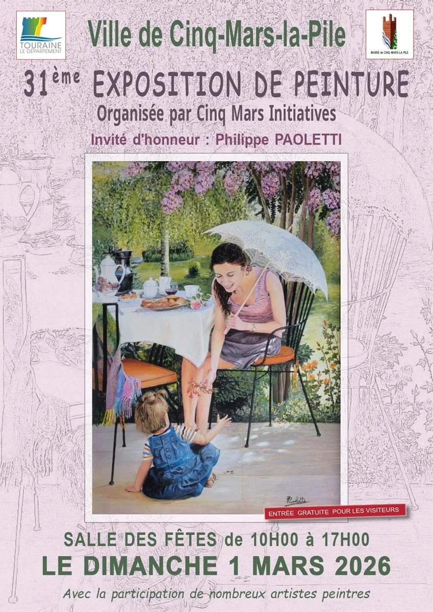 Affiche de la 31ème exposition de peinture organisée par la ville de Cinq-Mars-la-Pile, avec une image d'une femme et un enfant dans un jardin, la femme tenant un parapluie blanc et riait, avec une table de petit-déjeuner en arrière-plan.