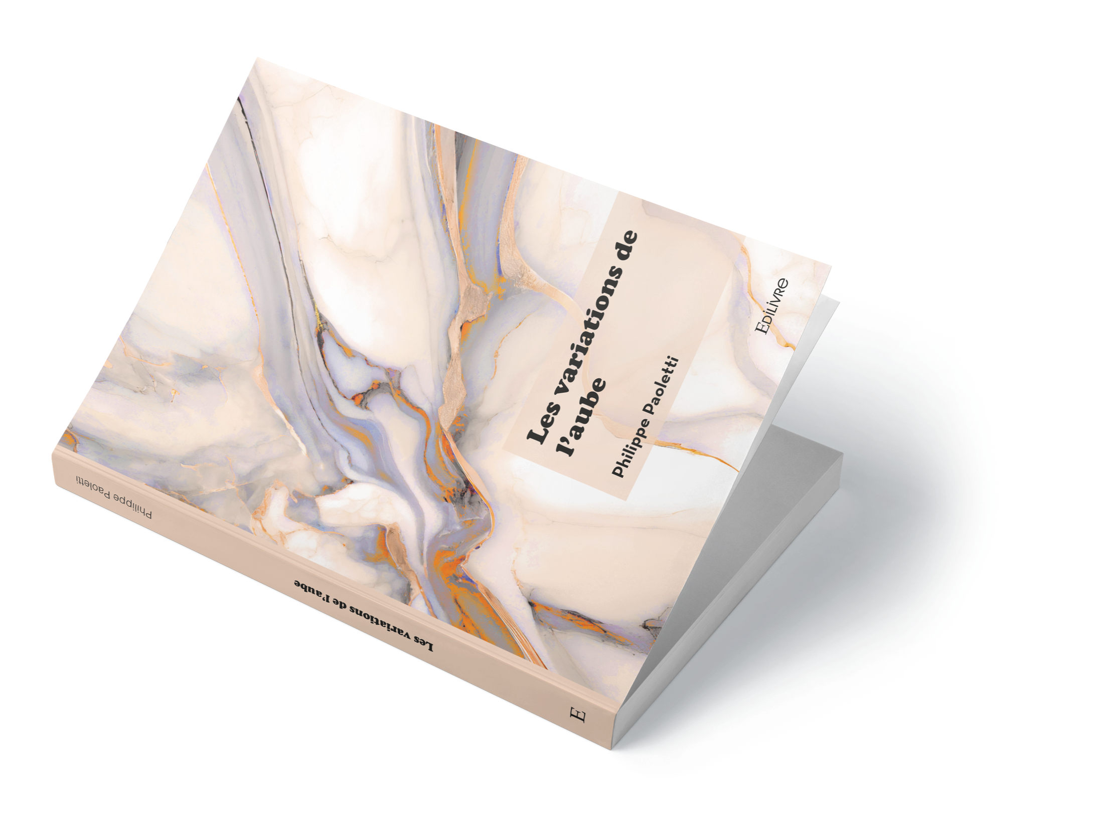 Couverture du livre intitulé "Les variations de l'aube" de Philippe Paoloetti, avec un fond en marbre pastel avec des veines dorées.