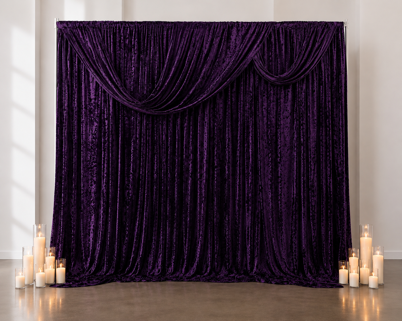 Purple Drapery Backdrop 10ft by 10ft with 35 Sandwax candles and 4 Draped Pedestals- $400.00
