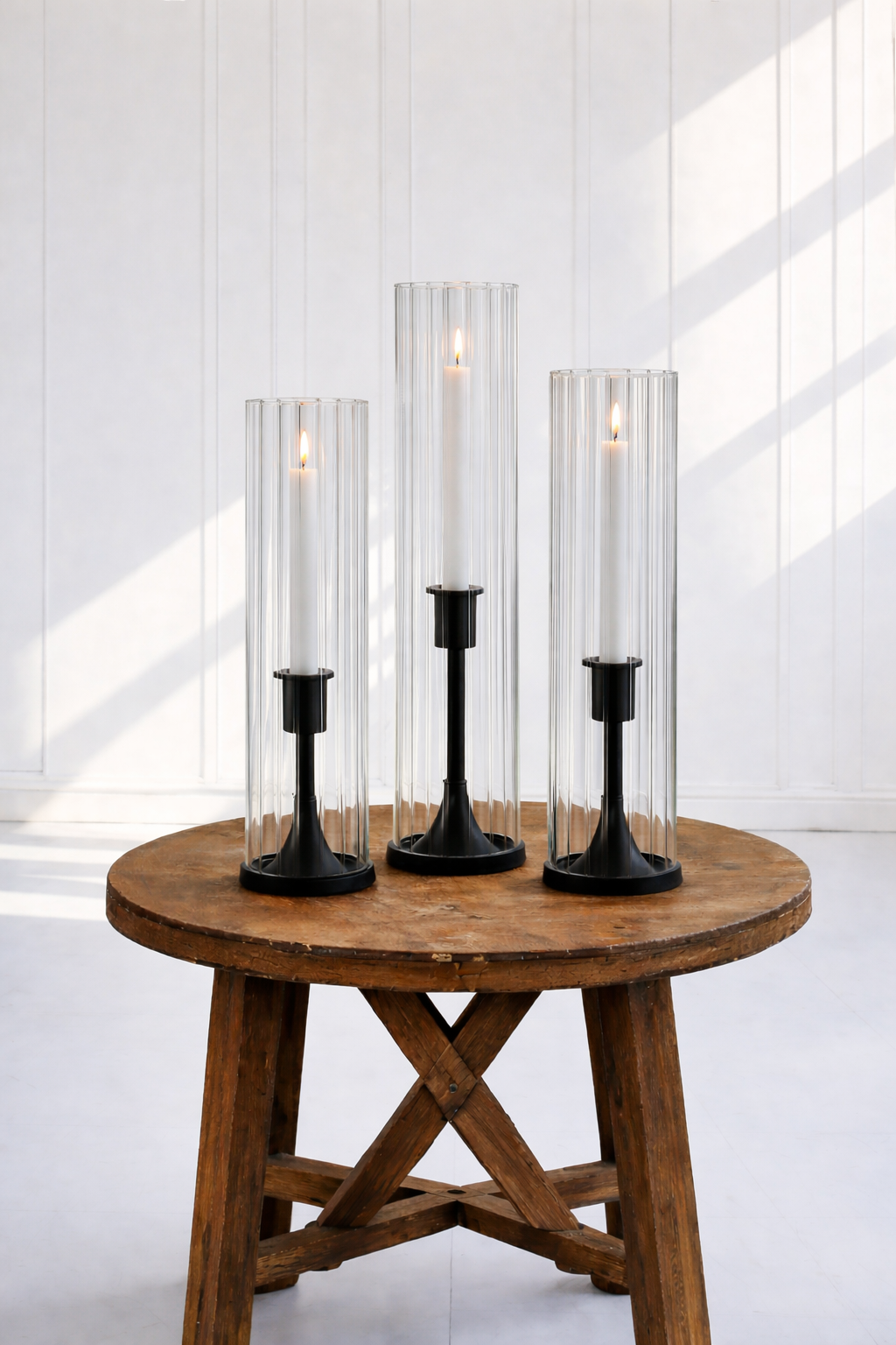 Black Candle Holder Trios with Ribbed Shades (Candles included)  - $20.00 each trio