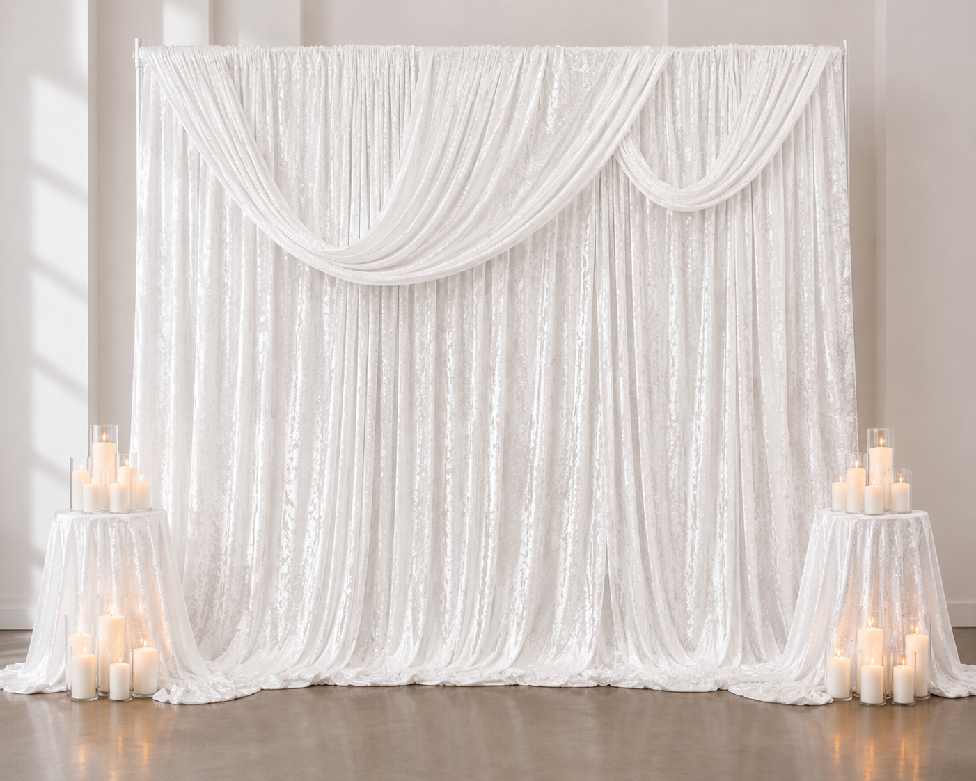 White Drapery Backdrop 10ft by 10ft with 35 Sandwax candles and 4 Draped Pedestals- $400.00