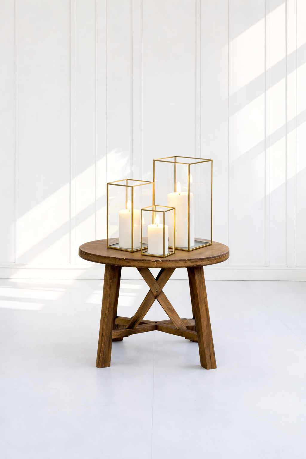 Gold Square Hurricane Candle Holder Trios (candles included)- $22.00 each to rent