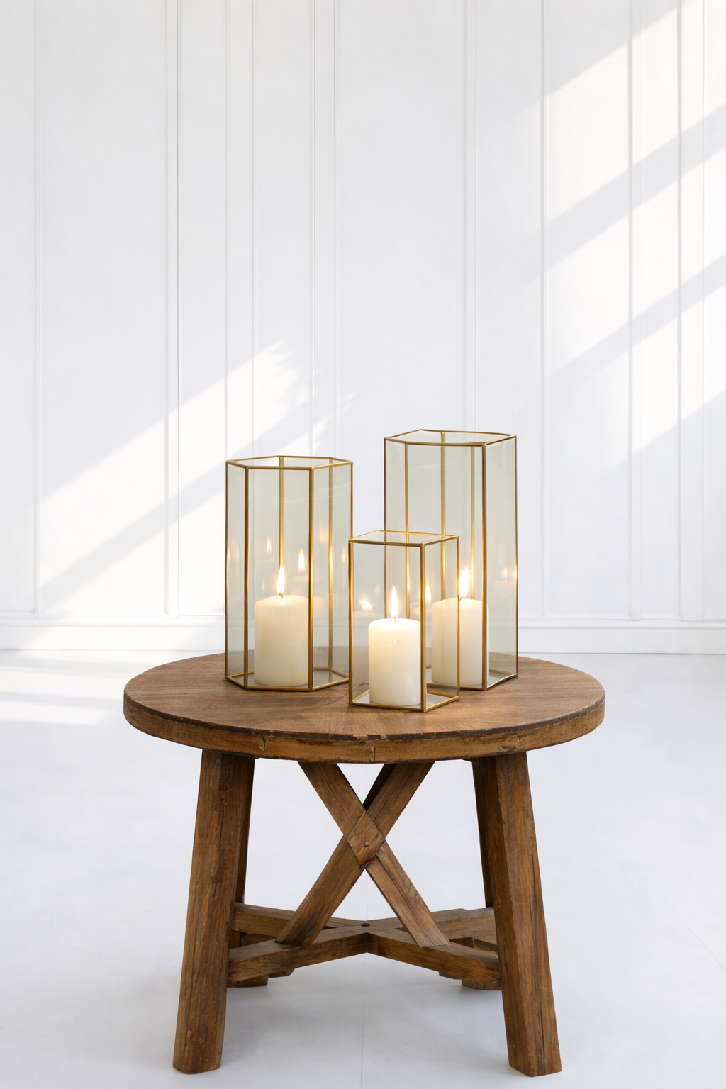 Gold Hexagon Hurricane Candles Holder Trios (Candles Imcuded) - $22.00 each